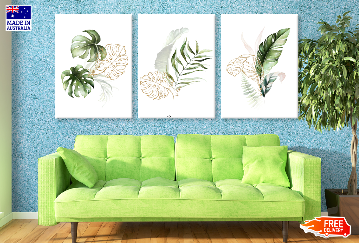 3-Piece Leaves Painting Wall Art - High Quality Canvas Print, 100% Australian Made, Ready to Hang - Perfect for Living Room, Bedroom & Office Decor