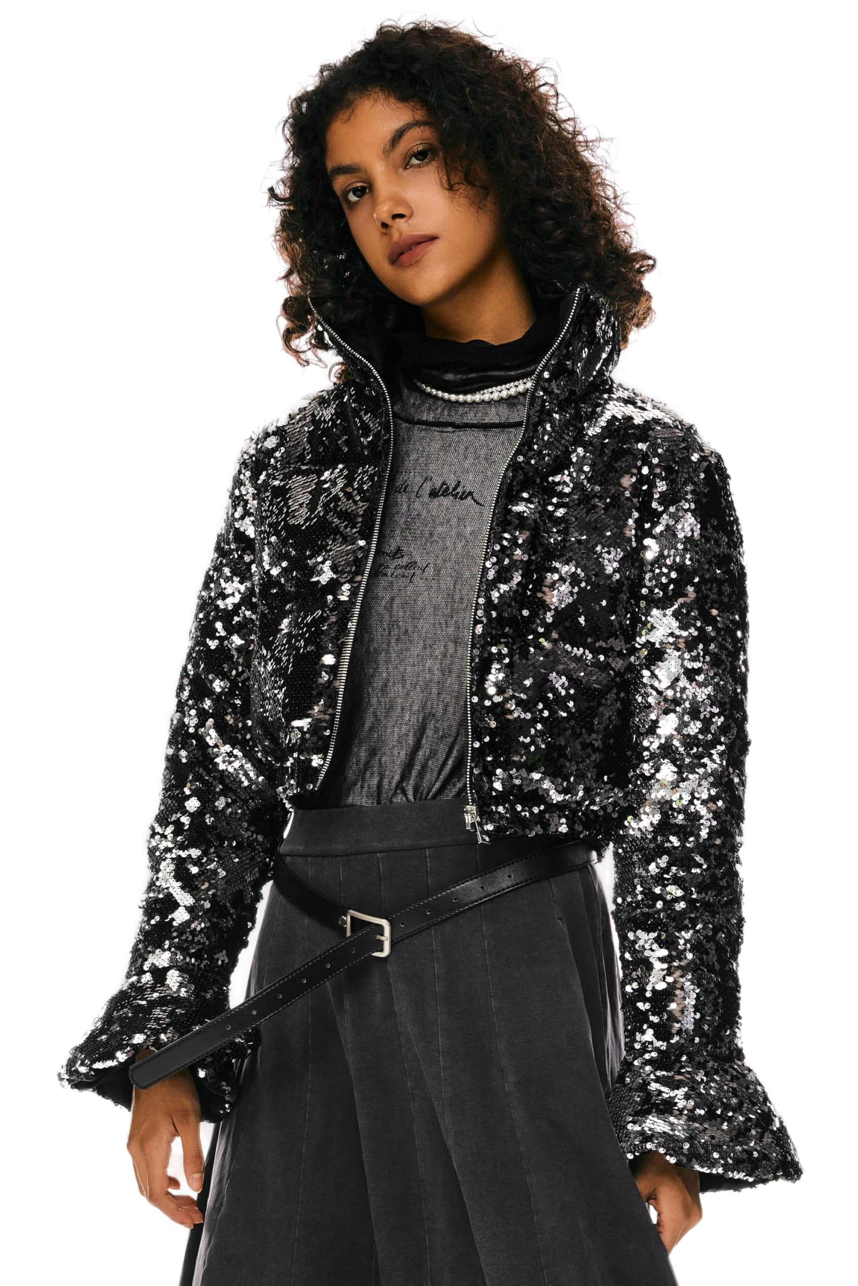 Orolay Women's Ultra Short Shiny Down Coat Sequin Petite Jacket with Stand Collar - Warm Winter Fashion Outerwear for Parties & Night Out