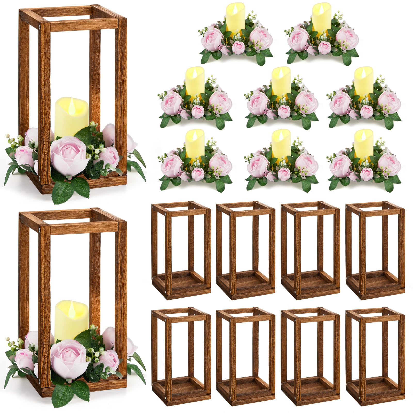Sabary 30 Pcs Eucalyptus Wedding Lanterns with Wooden Candle Holders - Rustic Farmhouse Table Centerpieces for Weddings, Country Parties & Home Decor (Light Pink Flower & Rose Wreaths Included, No Batteries/Candles)