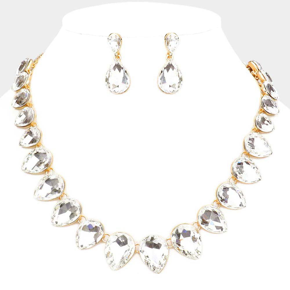 Elegant Clear Crystal Teardrop Stone Link Pageant Necklace in Gold - Perfect for Evening Gala, Prom, Wedding & Formal Events | 529053