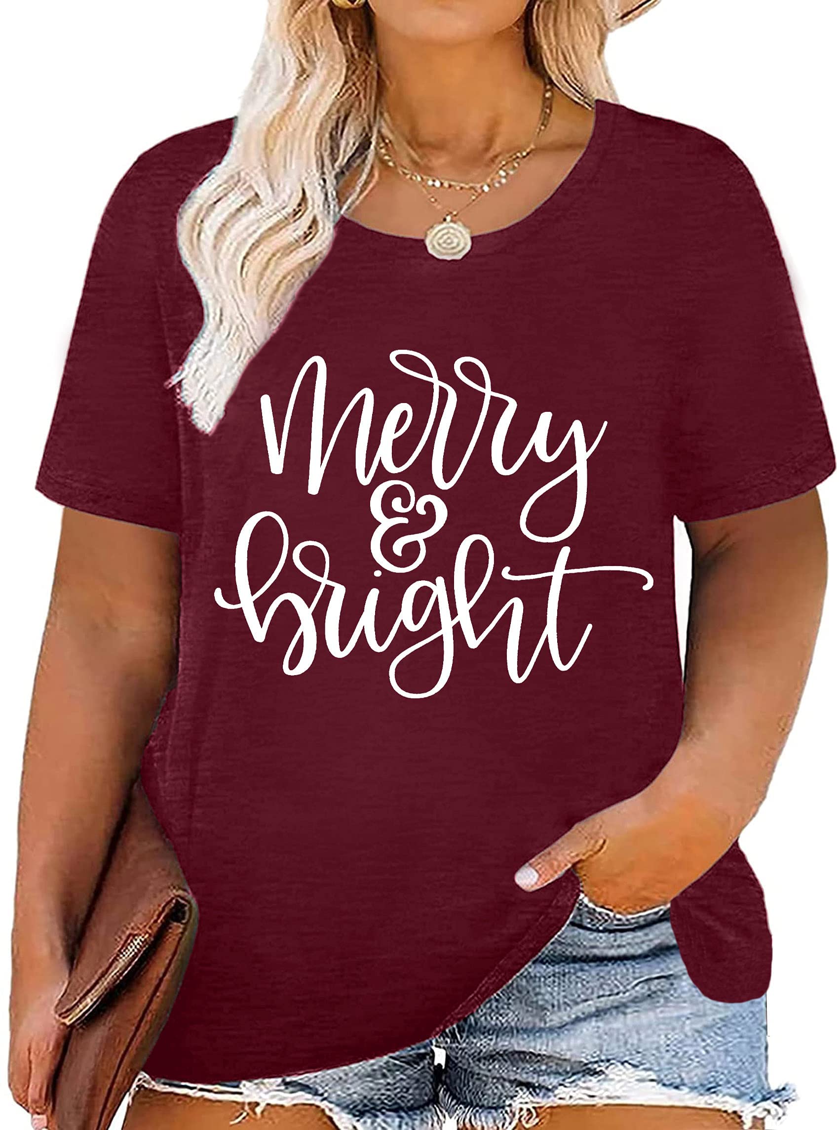 Merry & Bright Christmas Plus Size Shirt for Women - Oversized Holiday Tee with Festive Design - Perfect for Xmas Parties, Family Gatherings & Winter Festivities
