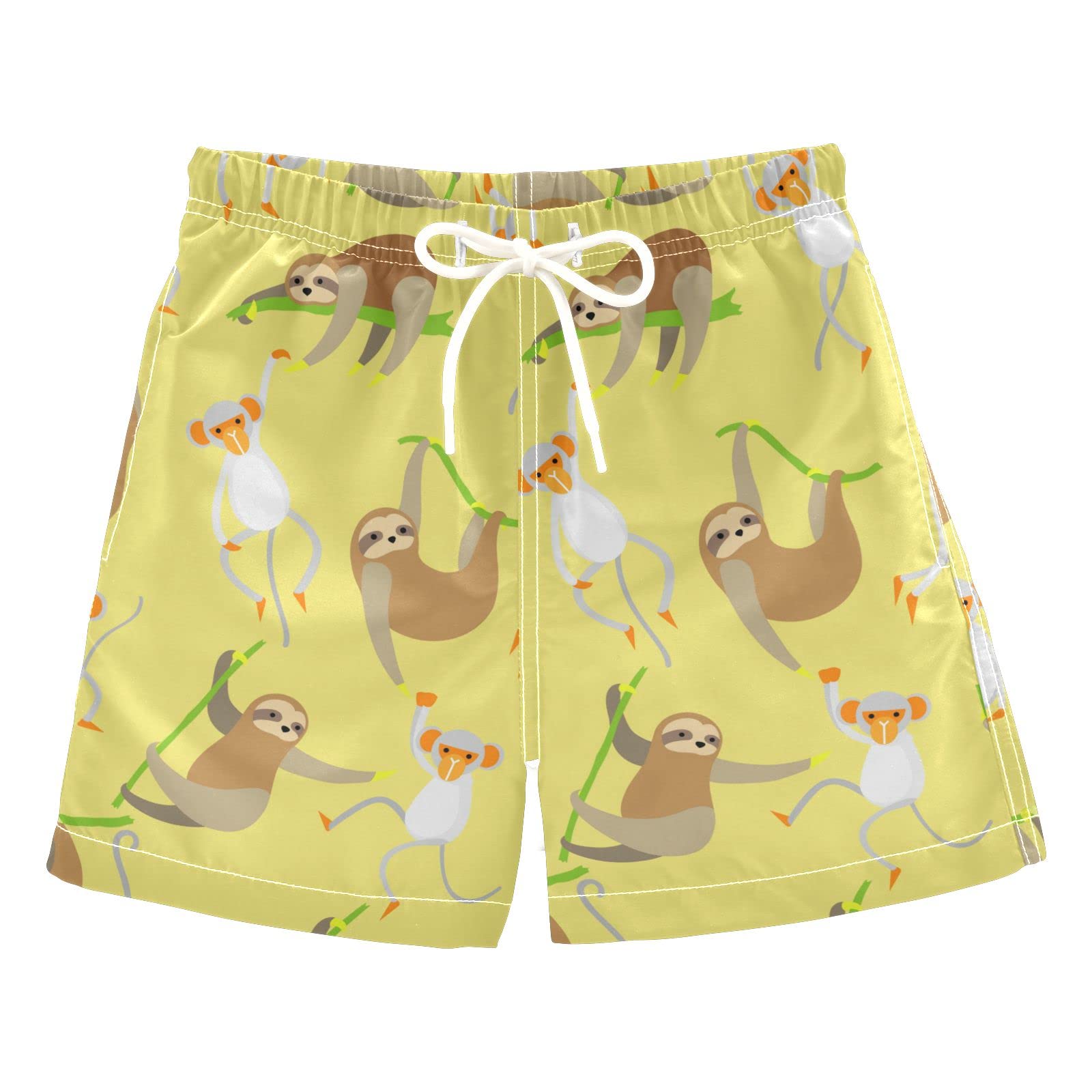 Adorable Monkey Sloth Boys Swim Trunks - Quick Dry Toddler Swimwear with Adjustable Waist | 2T-16 Sizes | Bright Yellow | Perfect for Beach, Pool & Summer Water Play
