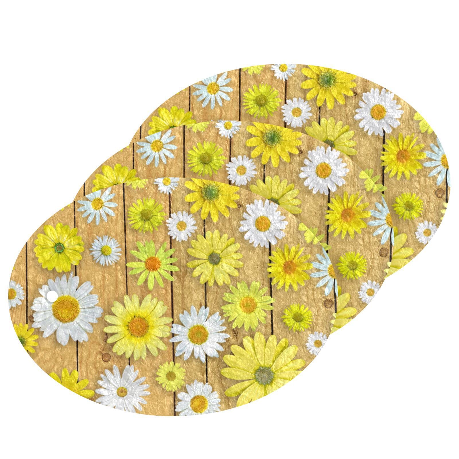 Kcldeci 3 Pack Kitchen Dish Scrub Sponge Pads - Yellow Daisy Design on Brown Wooden Scrubber, Durable Dishwashing Sponges for Household Cleaning, Perfect for Kitchen Sinks and Countertops
