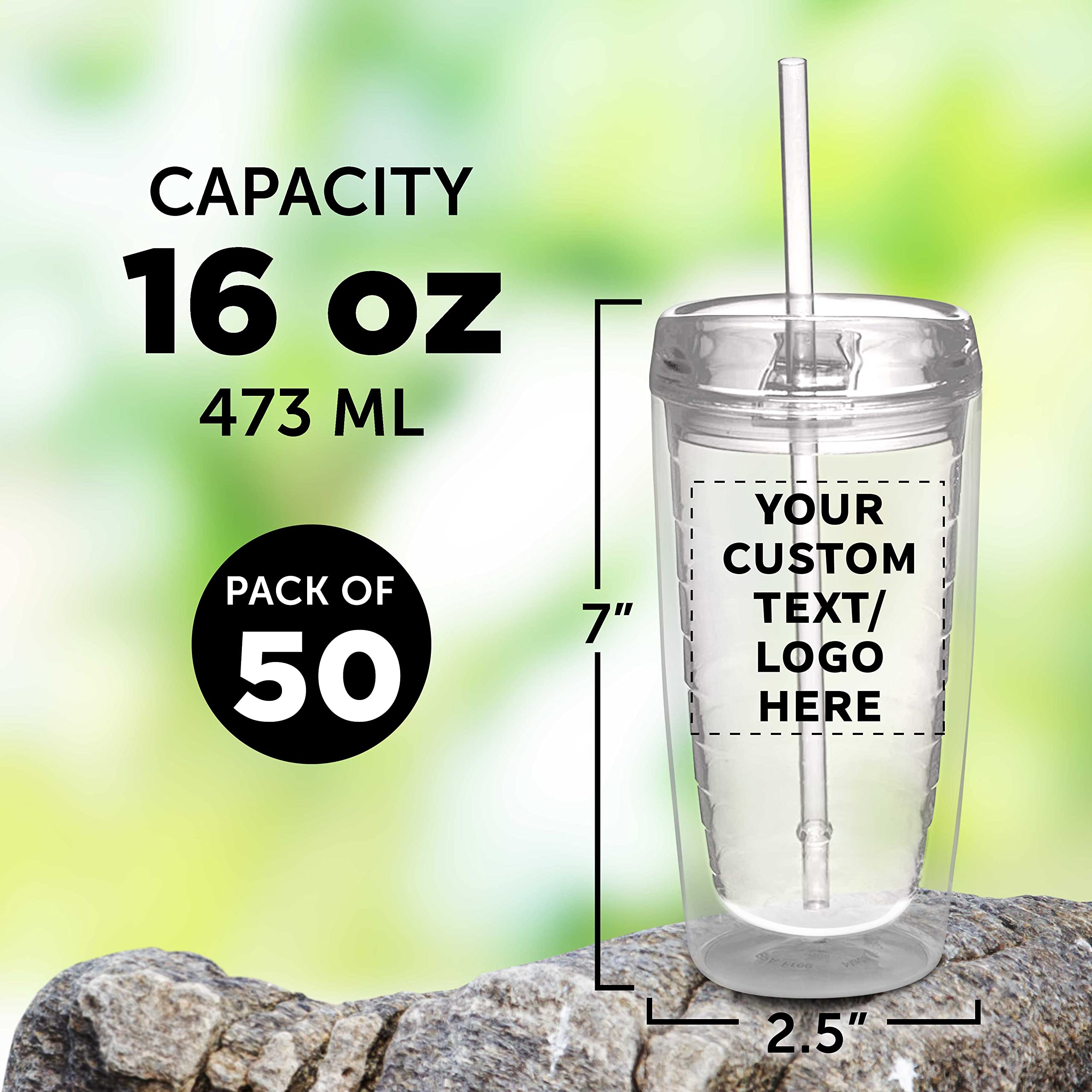 50 Pack Custom Double Wall Acrylic Tumblers 16oz - BPA Free Clear Insulated Cups for Iced Coffee, Soda, Hot & Cold Drinks - Bulk Personalized Drinkware for Restaurants, Cafes, Parties & Events