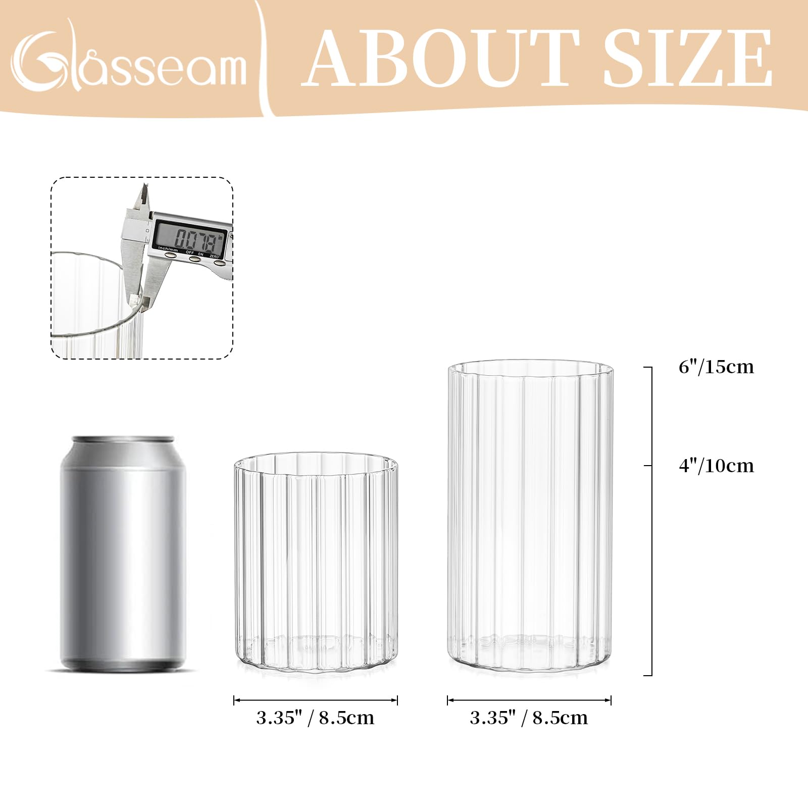 Glasseam Hurricane Glass Candle Holders - Set of 6 Clear Cylinder Candle Holders for Pillar Candles, Modern Ribbed Design, Decorative Vases for Wedding Centerpieces & Table Decor (5.91
