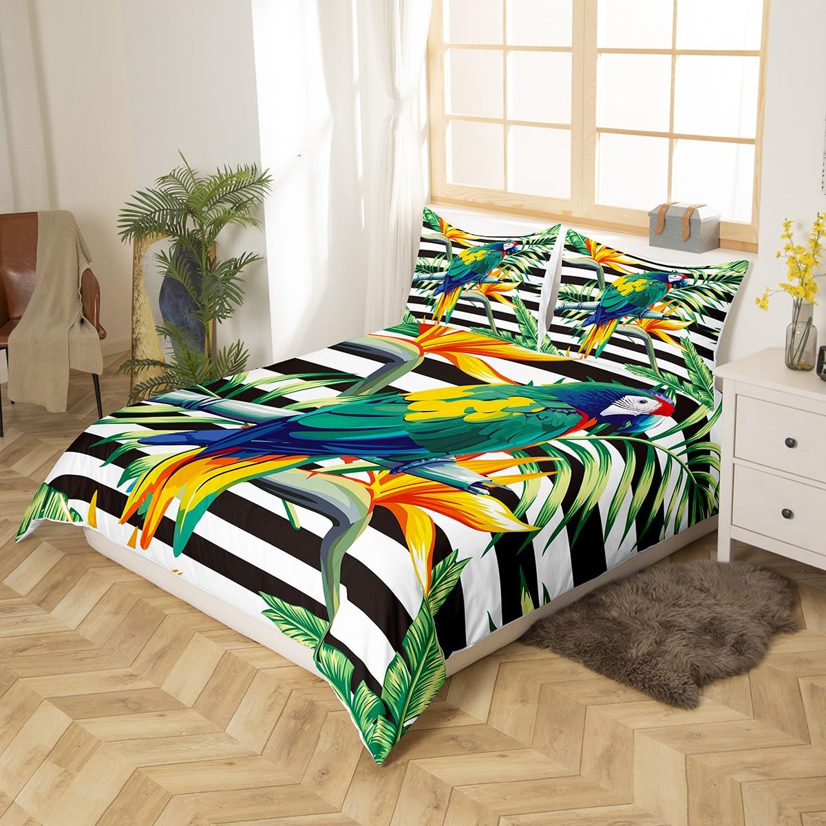 Erosebridal Tropical Tree Duvet Cover Twin - Black & White Stripe Bedding Set with Green Palm Leaves, Parrot & Botanical Yellow Floral Design | Includes 1 Pillow Sham | Perfect for Beach House, Boho Bedroom or Jungle-Themed Decor