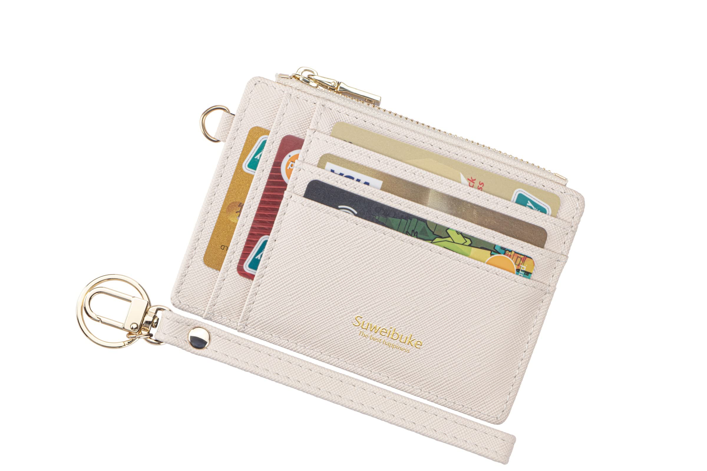 Wikavanli Women's Slim RFID Blocking Leather Wallet - Credit Card Holder Wristlet with Zip ID Case, Keychain & Coin Purse | Compact Design for Everyday Use, Travel & Shopping (Beige)