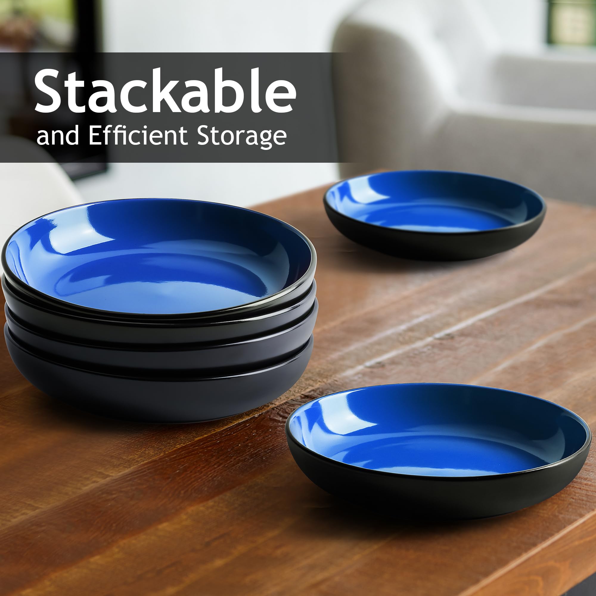 MIAMIO – Set of 6 Pasta & Salad Bowls - 30 Oz Wide Shallow Ceramic Stoneware Soup Plates, Microwave & Dishwasher Safe - Le Papillon Collection (Blue) - Perfect for Italian Pasta, Fresh Salads, Soup Serving & Family Dinners