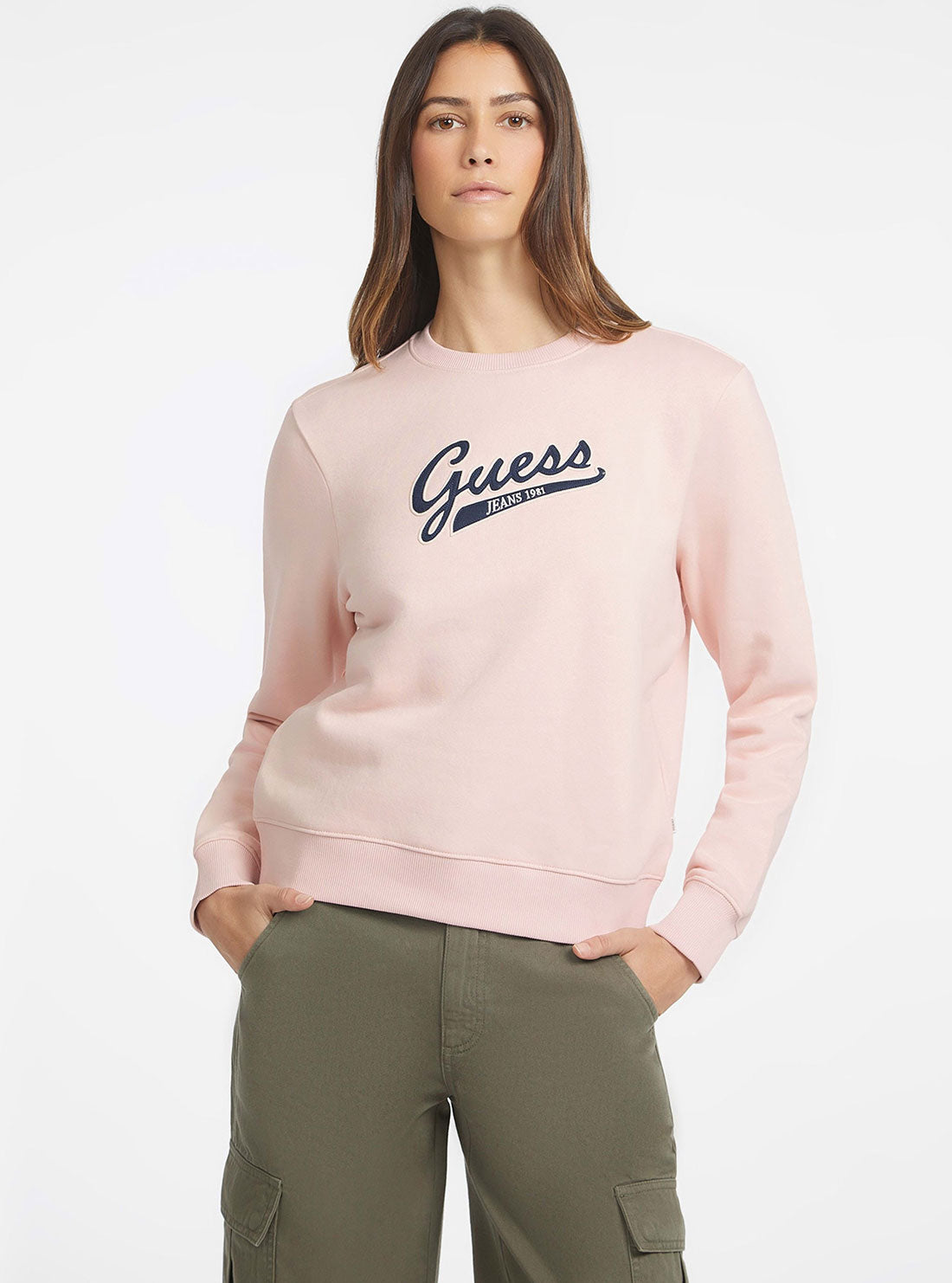 Guess Women's Pink Script Logo Sweater Jumper - Casual Pullover for Everyday Wear & Outfits