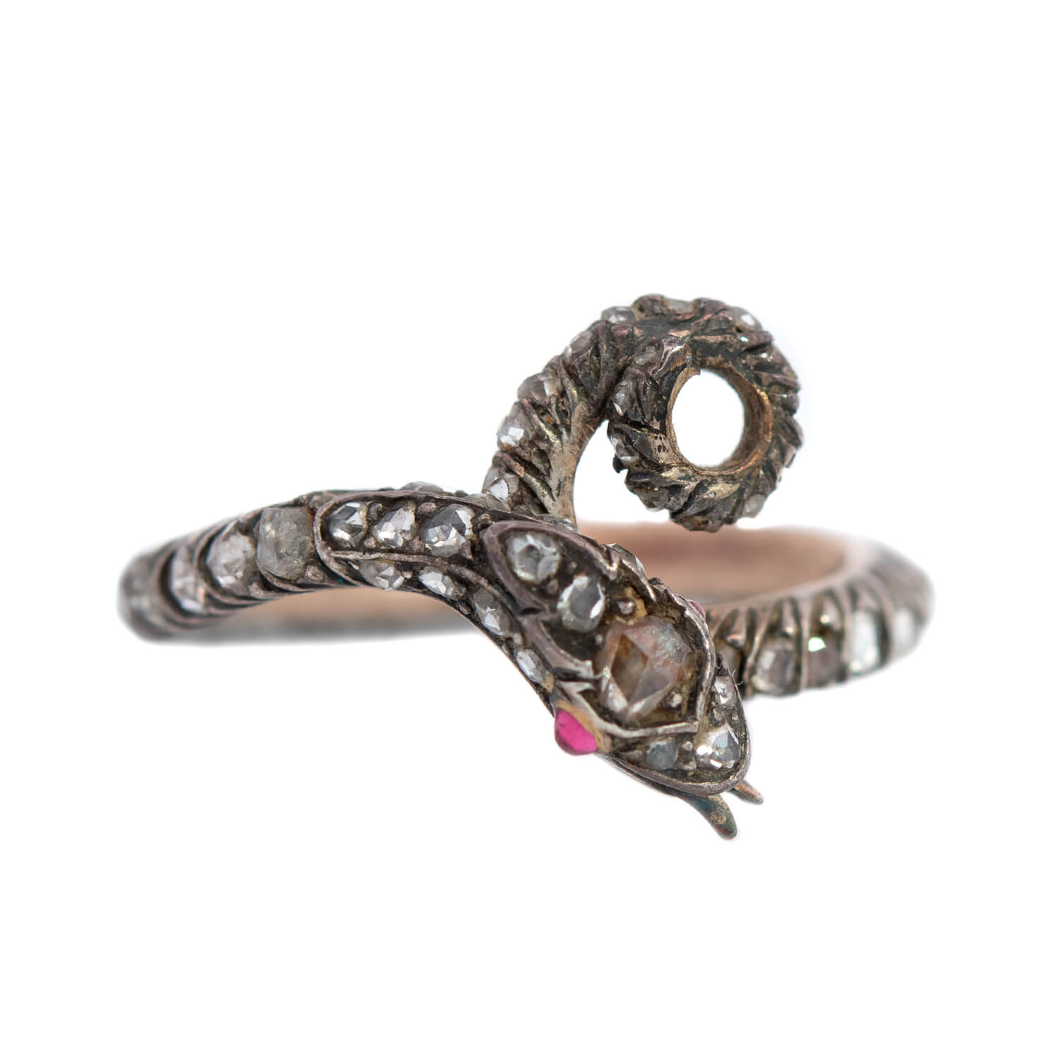 15K Gold & Sterling Silver Rose Cut Diamond Snake Ring - Elegant Vintage Jewelry for Women, Perfect for Parties, Weddings & Special Occasions
