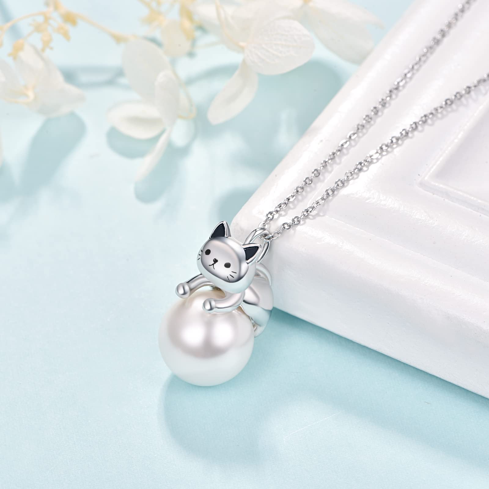 DreamBoat Cat Pearl Necklace for Women - 925 Sterling Silver Kitten Pendant Jewelry | Elegant Animal-Themed Gift for Cat Lovers, Birthday & Anniversary
