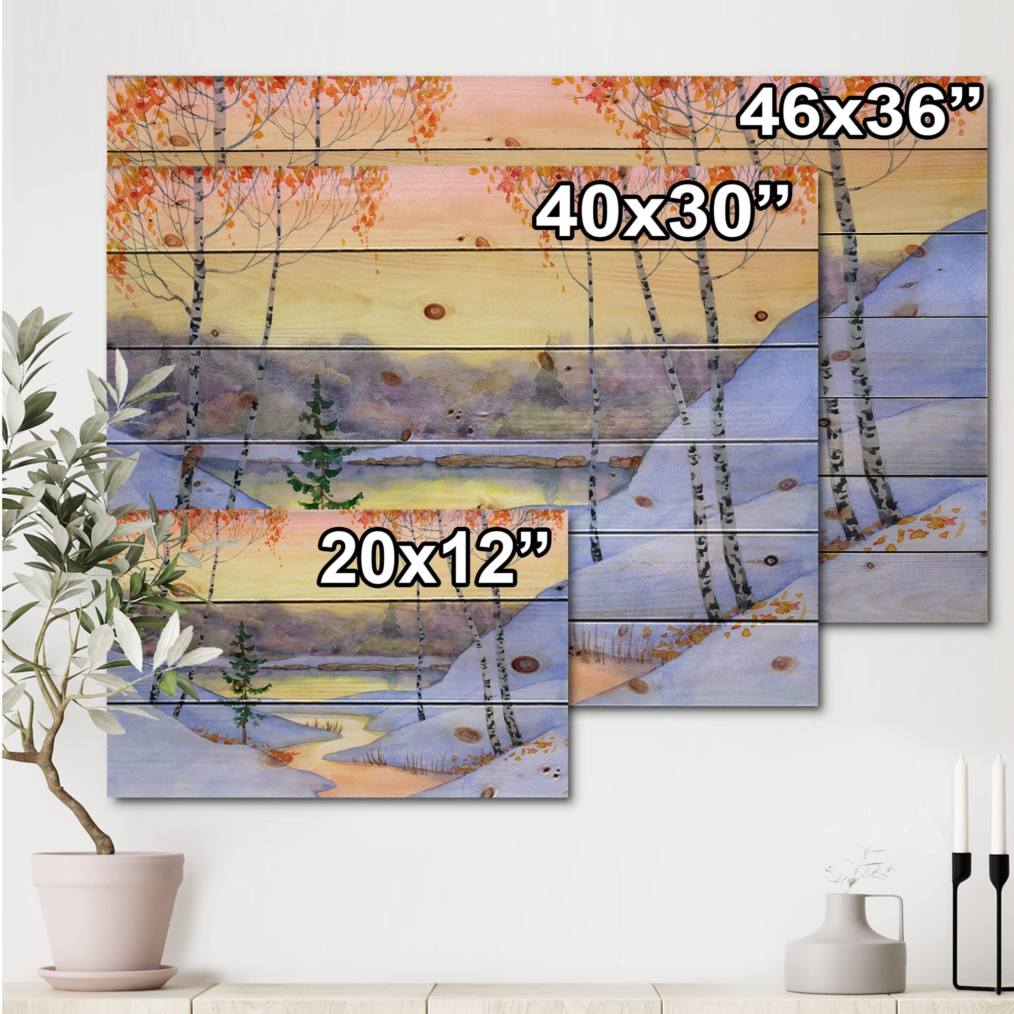 DesignQ Winter Forest Lake House Wood Wall Decor - White Wood Wall Art, Large Landscape Pine Wood Panels - Perfect for Living Room, Bedroom & Cabin Decor