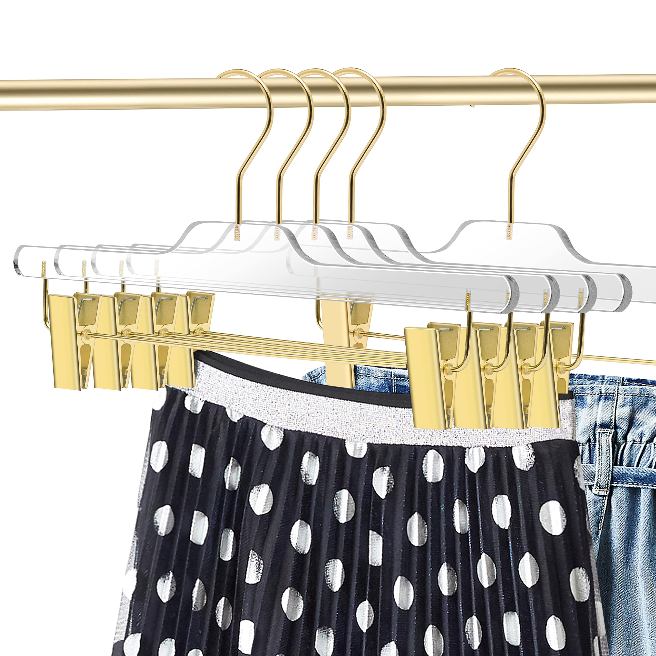 90-Pack Clear Acrylic Skirt & Pants Hangers with Adjustable Gold Metal Clips - Premium Lucite Trousers Hangers with Swivel Hook for Closet Organization - Perfect for Dresses, Skirts, Pants & Bottom Wear Storage