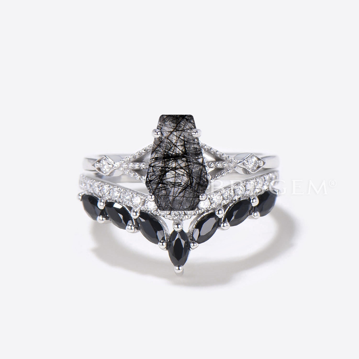 Three Stone Coffin Shaped Promise Ring Set - Black Rutilated Quartz & Black Spinel Band in Rose Gold - Perfect for Engagement, Anniversary & Gothic Jewelry Lovers