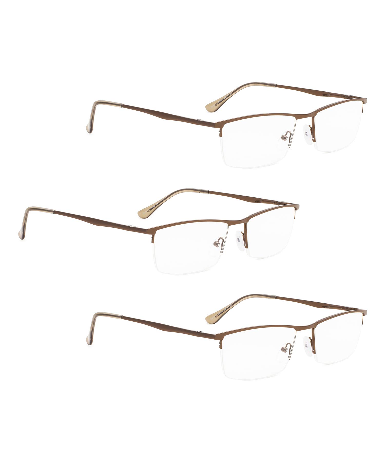 LUR Reading Glasses 3 Pack - Half-Rim Metal Frame Readers with Spring Hinges (Brown) - Perfect for Reading, Crafting & Computer Work