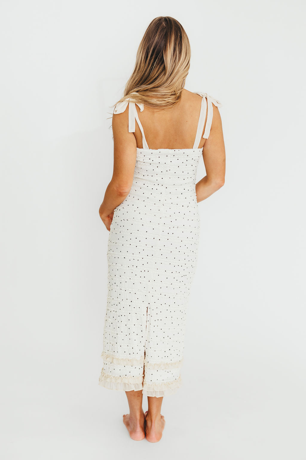 Maddie Tie Strap Ruffled Midi Dress for Women - Elegant Ivory Floral Summer Dress with Adjustable Straps | Perfect for Weddings, Parties & Date Nights
