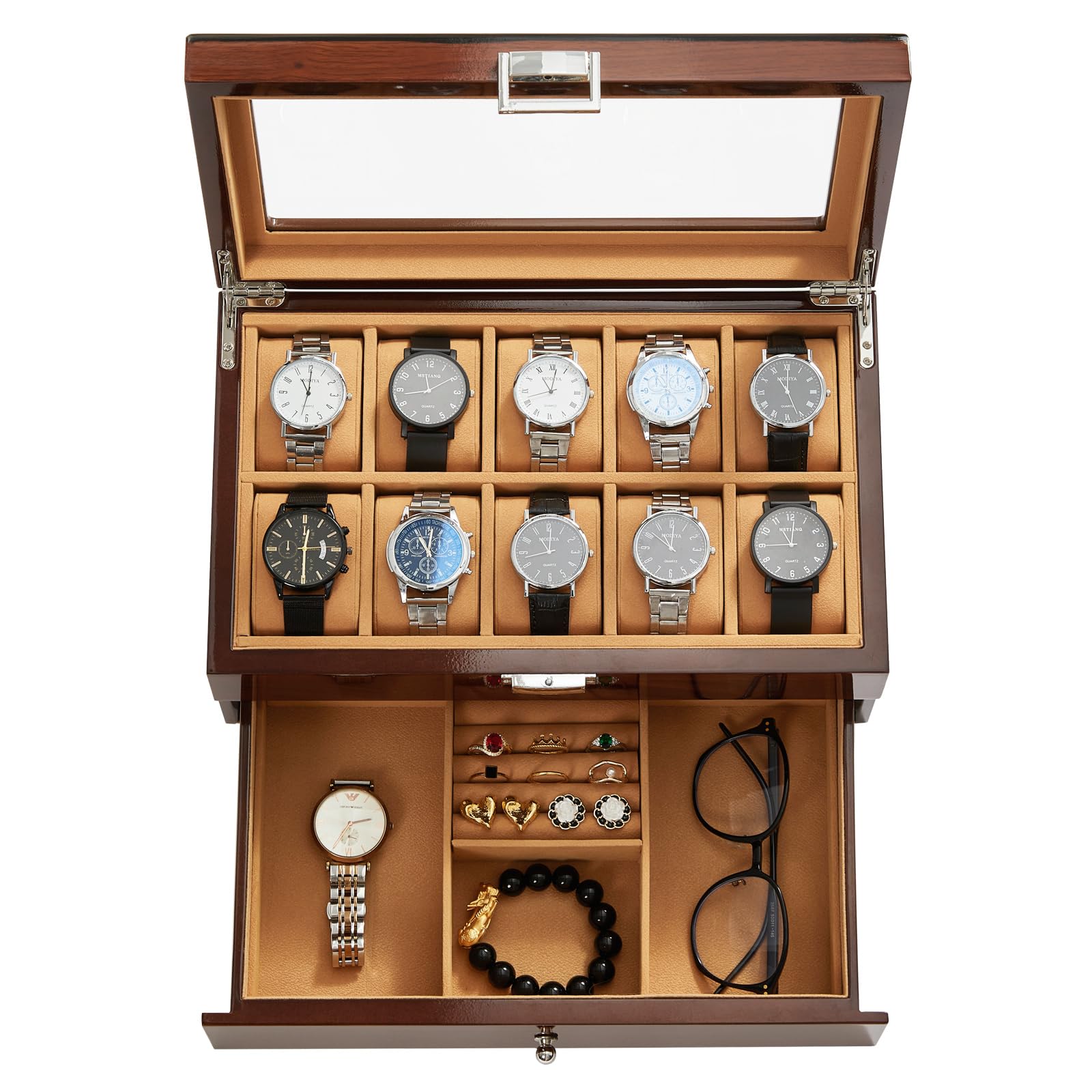 10-Slot Wooden Watch Box with Glass Lid & Drawer - 2-Layer Jewelry Organizer for Men & Women - Perfect for Watch Display, Collection Storage & Gift Giving