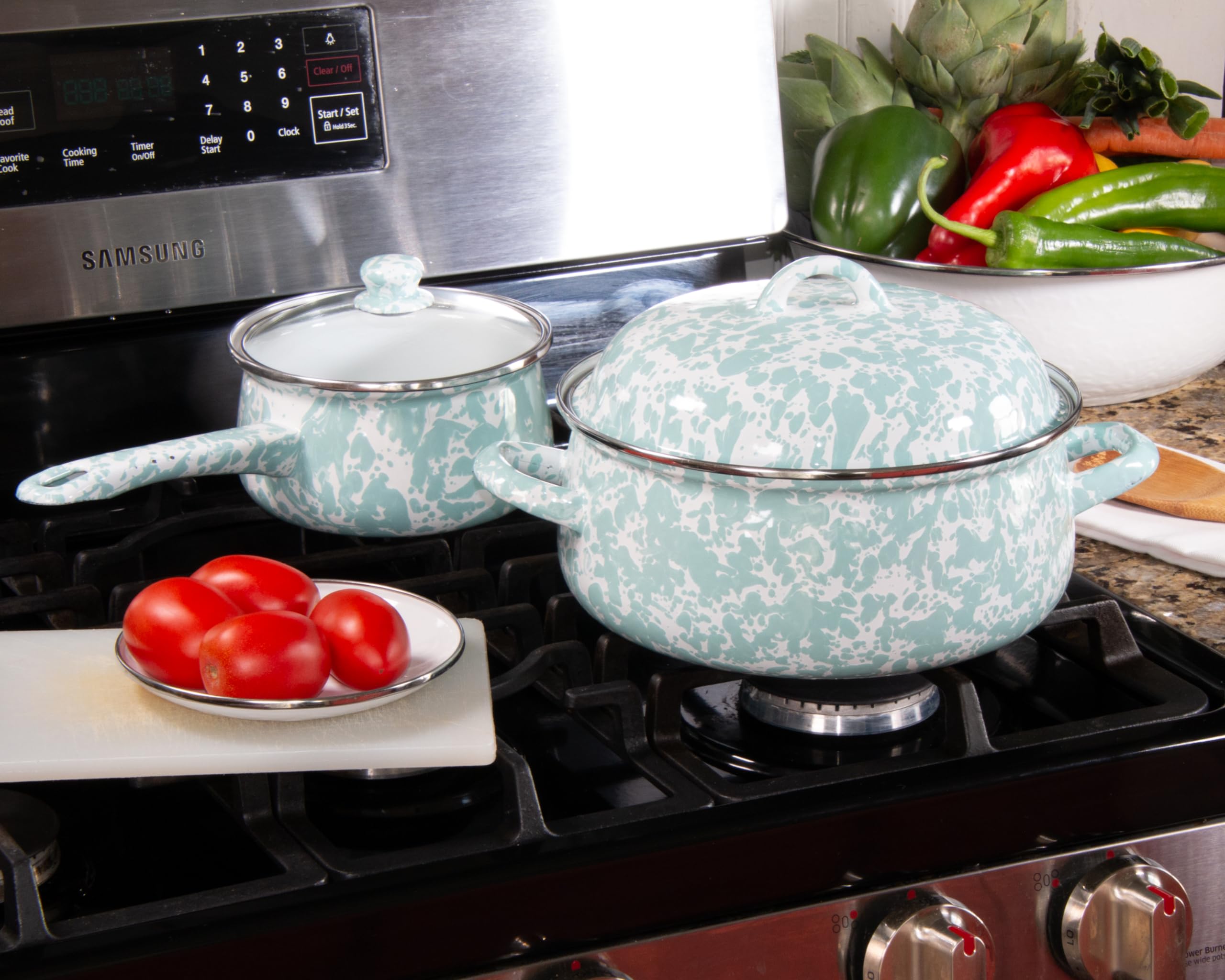 Golden Rabbit Enamelware - 4 Quart Dutch Oven with Sea Glass Swirl Design | Premium Cast Iron Cookware for Baking, Roasting & Slow Cooking | Perfect for Stovetop, Oven & Camping Use