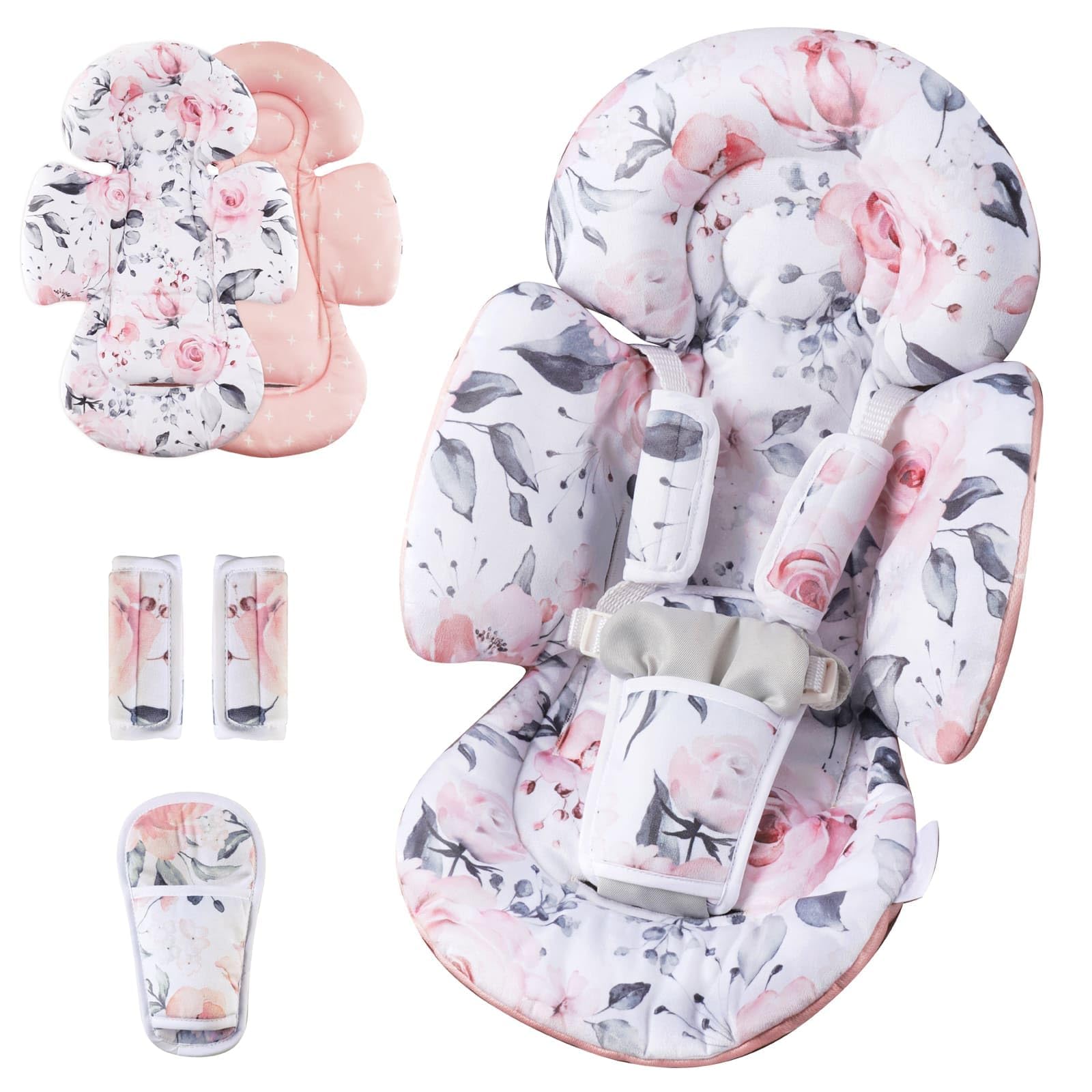 4moms Mamaroo Swing & Graco Swing Infant Insert - Newborn Head and Body Support with Breathable Soft Fabric - Reversible Baby Car Seat Insert - Pink Floral - Perfect for Newborn Comfort in Swings, Car Seats and Strollers