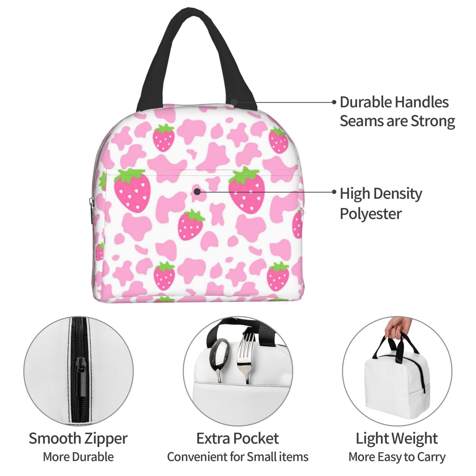 Strawberry Milk Print Insulated Lunch Box - Cute Kawaii Small Reusable Lunch Bag for Women & Men - Perfect for School, Work, Picnics & Outdoor Activities