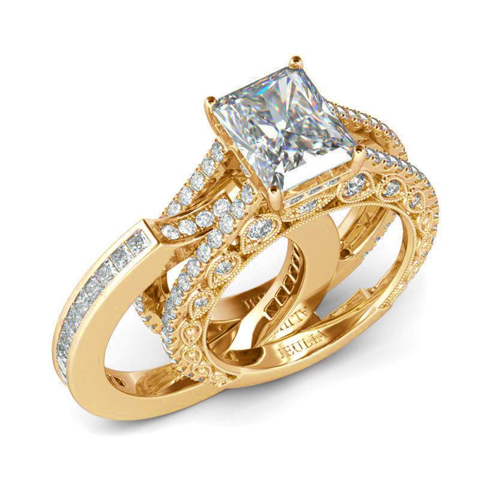 Jeulia 3PC CZ Diamond Engagement Ring Set - Radiant Cut Wedding Promise Anniversary Rings with Side Stones, Romantic Jewelry Gift for Women, Gift Box Included | Perfect for Proposals, Anniversaries & Special Occasions