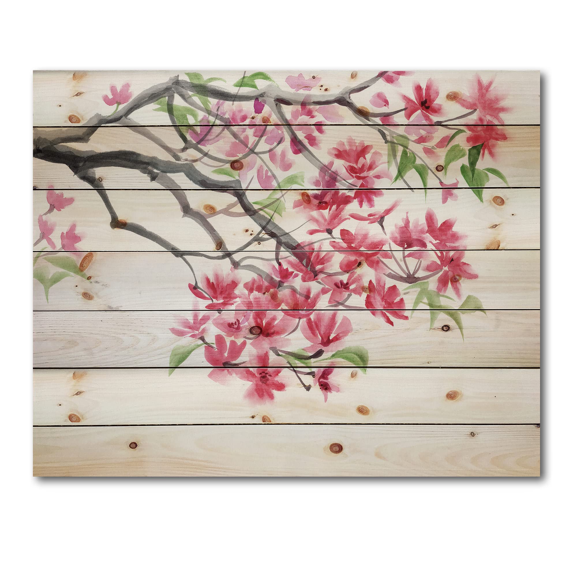 DesignQ Red Blossoming Tree Traditional Wood Wall Decor - Pink Floral Wood Art Panel, Large Pine Wood Wall Hanging for Living Room, Bedroom & Office Decor