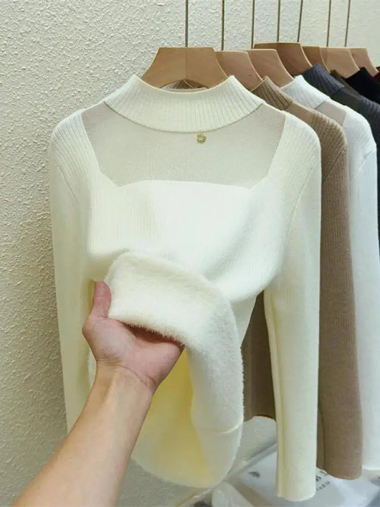 Women's Korean Fashion Velvet Sweater - Solid Color Warm Round Neck Long Sleeve Knit Pullover for Autumn Winter | Cozy Thick Knitwear for Office, Dating & Casual Outfits