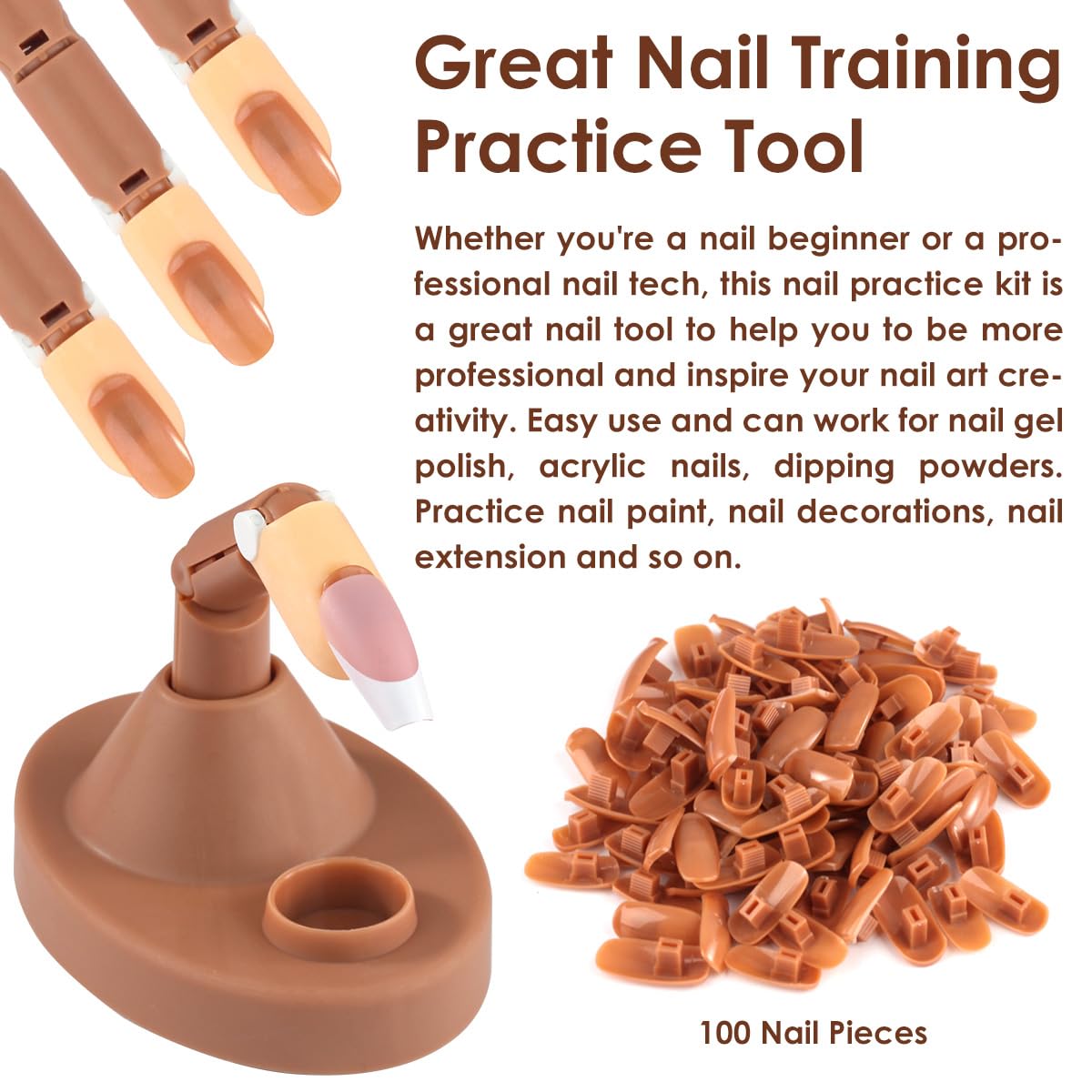 BORNBYME Acrylic Nail Practice Kit with Stand - 3 Adjustable Fake Fingers, 100 Brown Nail Tips - Professional Nail Training Set for Beginners - Perfect for Salon Practice & Home Nail Art DIY