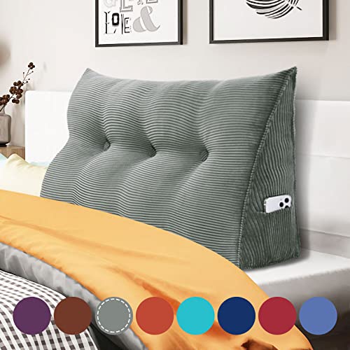 WOWMAX Large Bolster Triangular Headboard Pillow for Twin & Twin XL Beds - Grey Corduroy with Removable Cover | Dorm Room Decor, Back Support for Reading & Watching TV in Bed