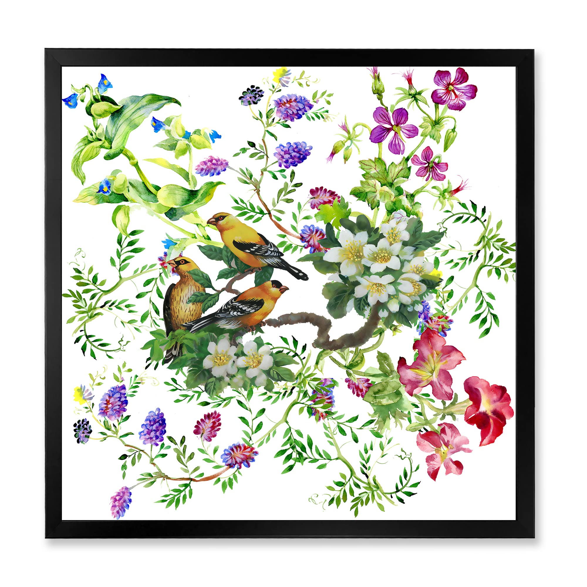 DesignQ Tropical Birds on Blooming Tree Traditional Framed Wall Art - Perfect for Living Room, Bedroom & Office Decor