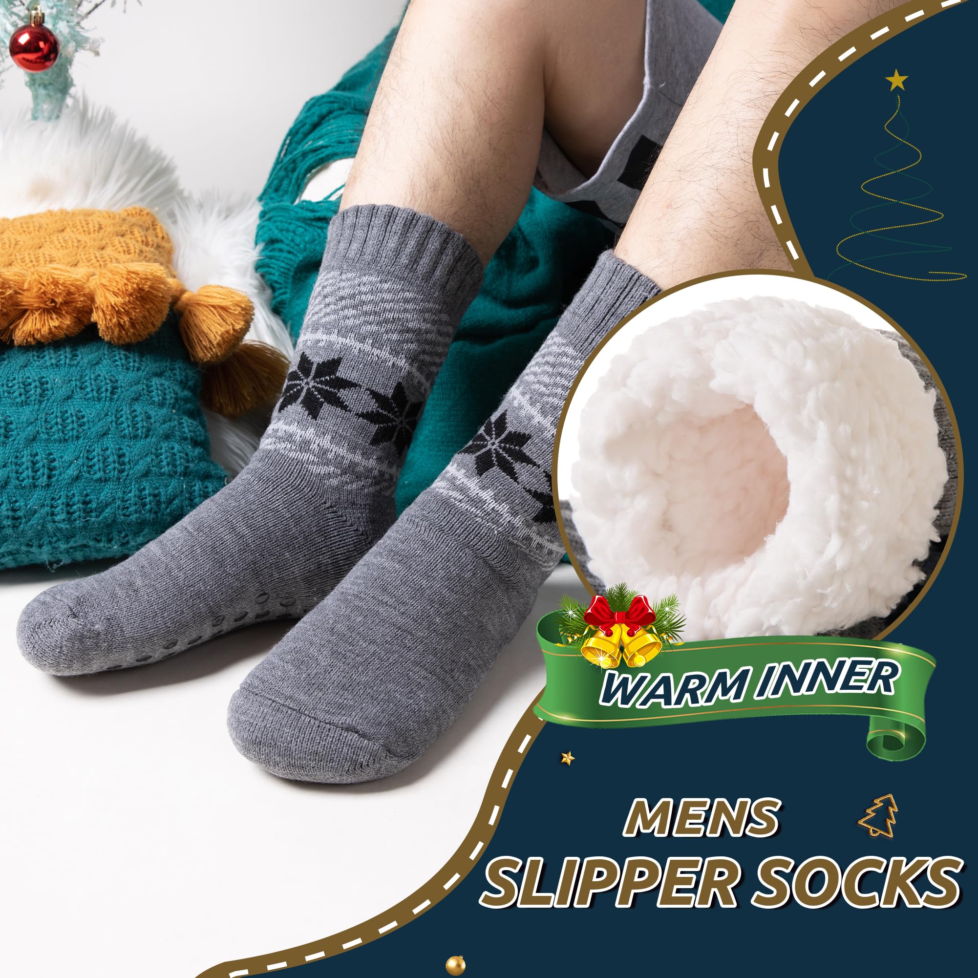 Men's Fleece Lined Thick Winter Slipper Socks - Cozy Non-Slip Fuzzy Home & Sleeping Socks for Cold Weather Comfort