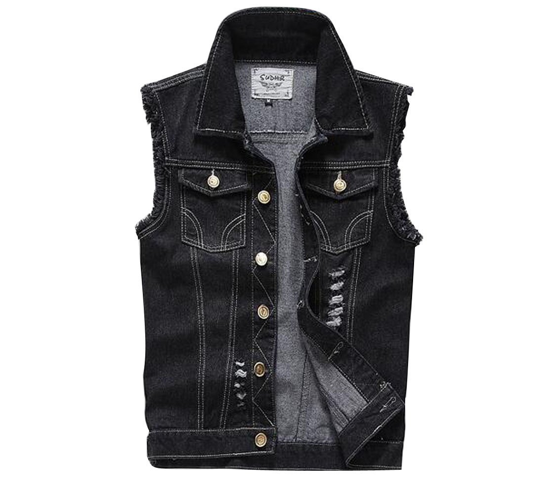 Only Faith Men's Black Distressed Denim Vest - Sleeveless Jacket with Ripped Holes for Casual Streetwear & Layering Outfits