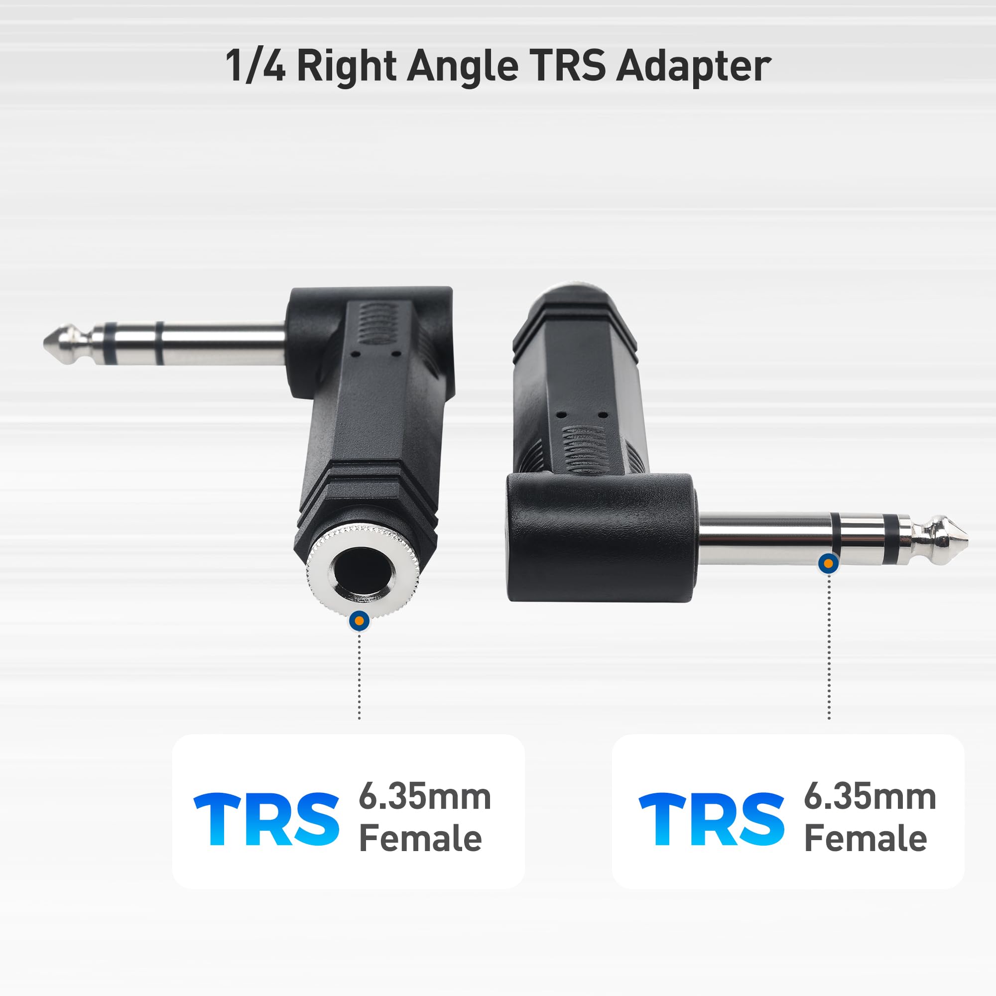 Cable Matters 2-Pack 1/4 Right Angle TRS Adapter - 6.35mm Right Angle Audio Connector for Professional Studio Equipment, Guitar, Keyboard & DJ Gear - Perfect for Tight Spaces & Clean Cable Management