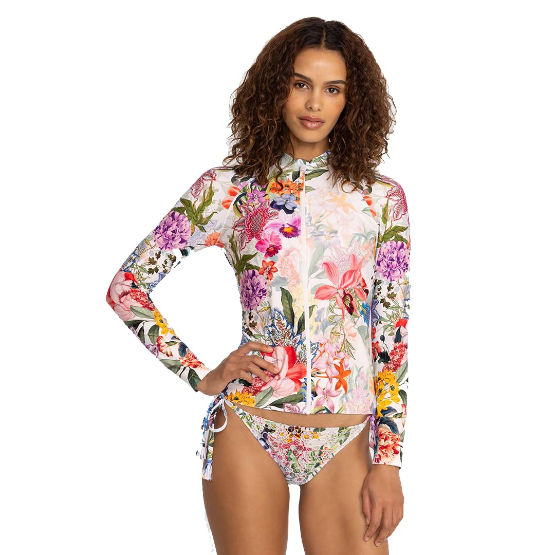 Johnny Was Neon Jungle Long Sleeve Rash Guard Surf Shirt - White & Purple Floral Print UPF 50+ Sun Protection - Women's Swimwear Cover Up for Beach, Pool & Water Sports