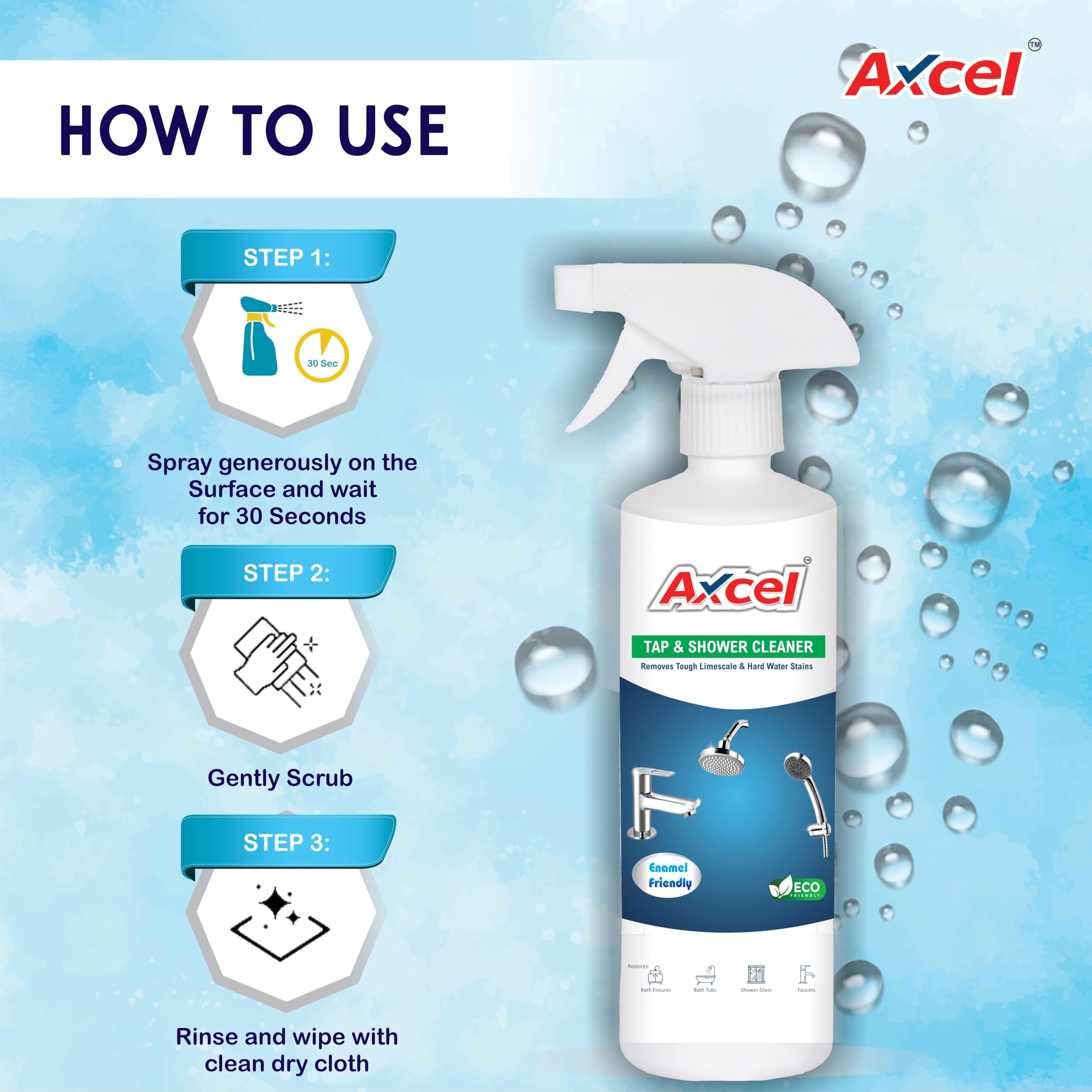 AXCEL Tap & Shower Cleaner Liquid - 500ml | Powerful Stain Remover for Hard Water, Lime Scale & Soap Scum | Safe for Chrome, Stainless Steel, Brass & Plastic | Perfect for Bathroom Fixtures, Kitchen Sinks & Shower Doors