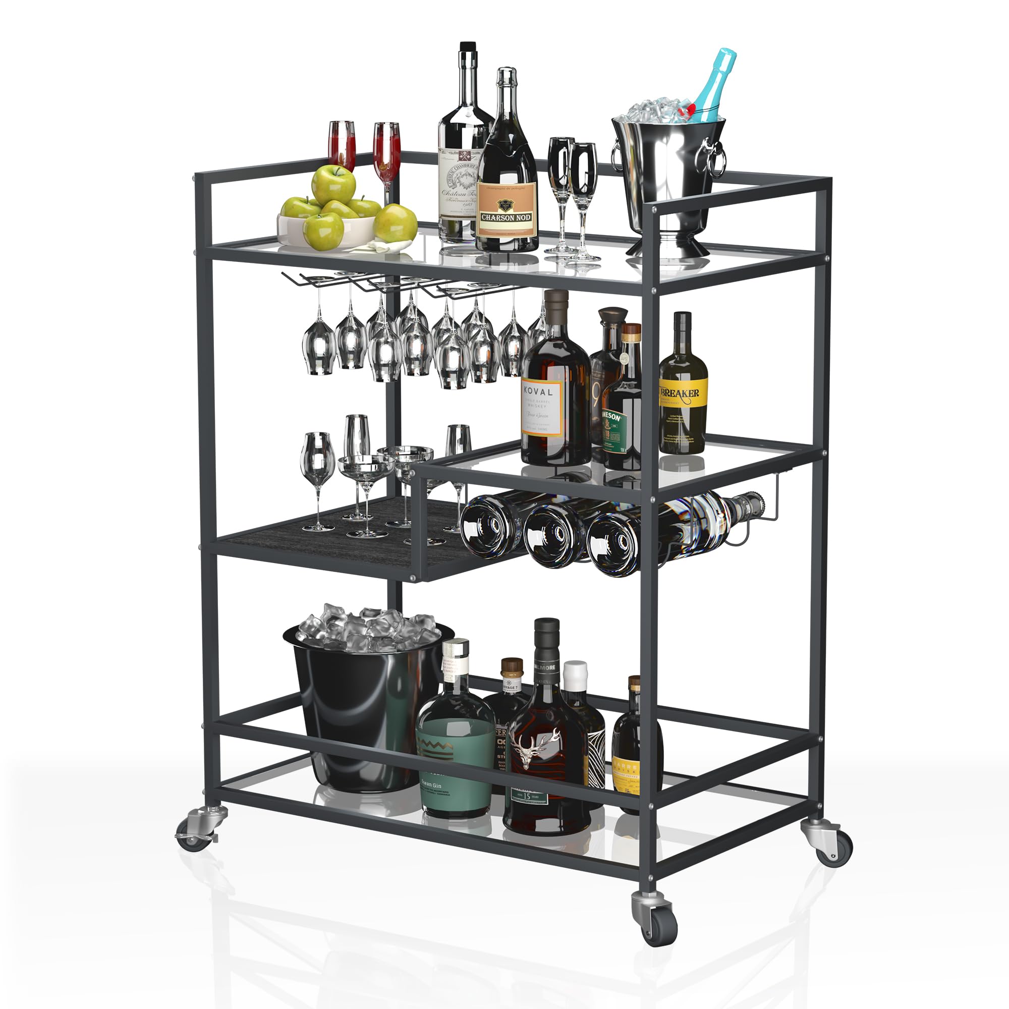 SULIVES 4-Tier Black Bar Cart with Wheels - Rolling Serving Cart with Wine Rack & Tempered Glass Holder - Lockable Mobile Bar Cabinet for Kitchen, Dining Room, Party, Home Bar, Office or Outdoor Entertaining