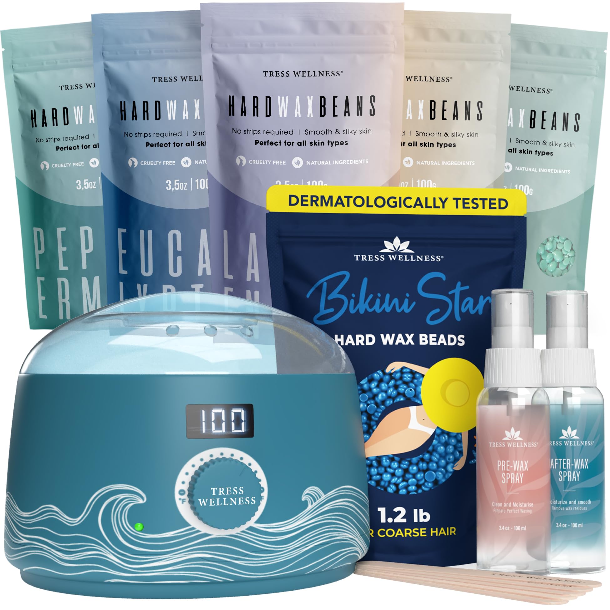 Tress Wellness Elemental Blue Wax Warmer Kit for Bikini & Body Hair Removal - Professional Home Waxing for Smooth Skin | Perfect for DIY Spa Days & Salon-Quality Results