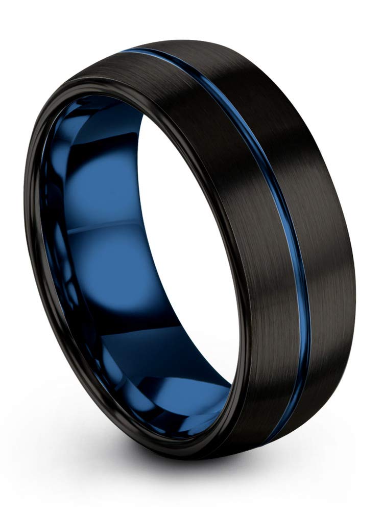 Premium Tungsten Carbide Wedding Band Ring for Men & Women - 8mm Blue & Black Center Line Dome, Black Brushed & Polished Finish - Custom Engraved Anniversary & Engagement Ring - Perfect for Weddings, Proposals & Special Occasions