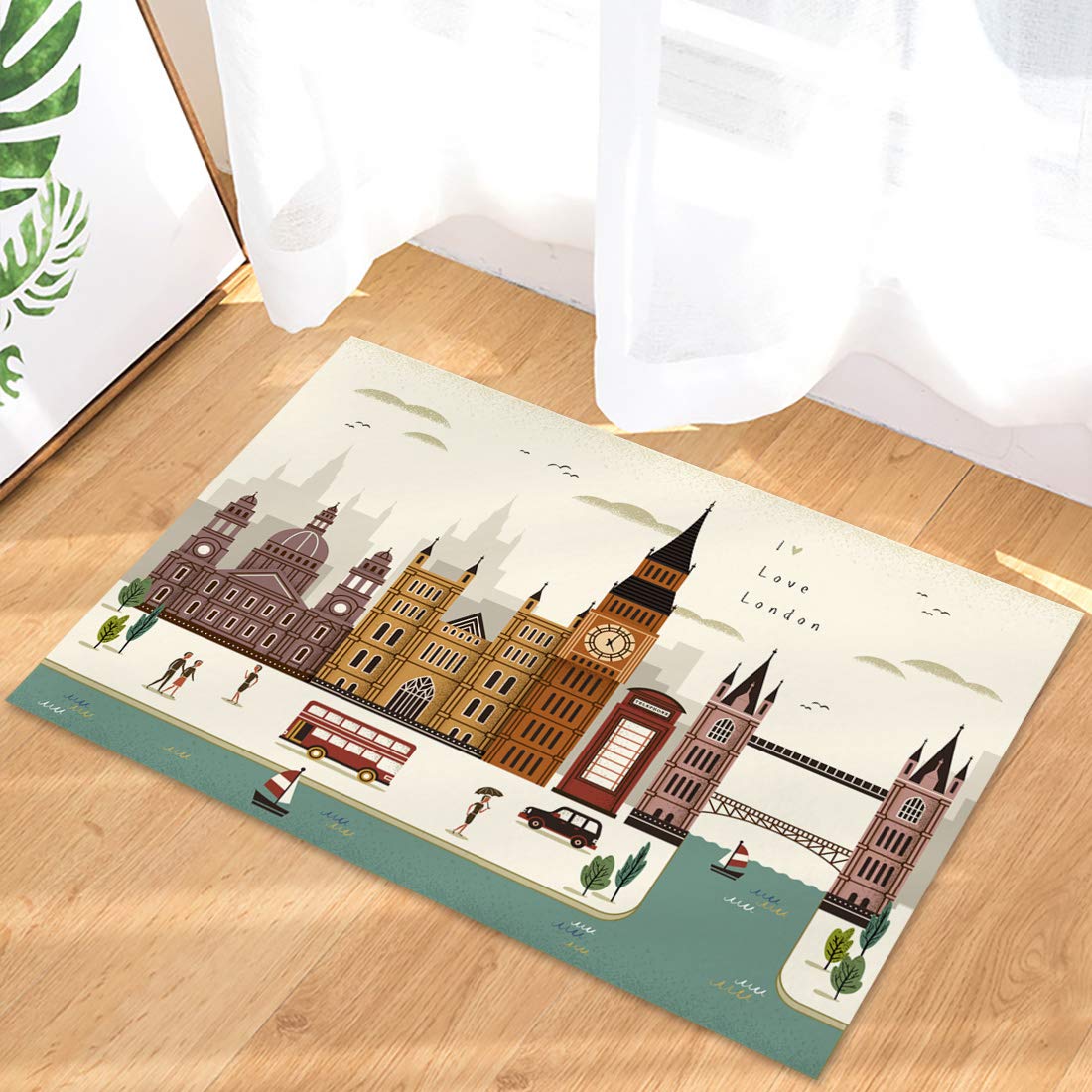 London City Clock Pendulum Doormat - British Style Nostalgic Landscape Illustration, Non-Slip Indoor Welcome Mat for Front Door Entrance (18