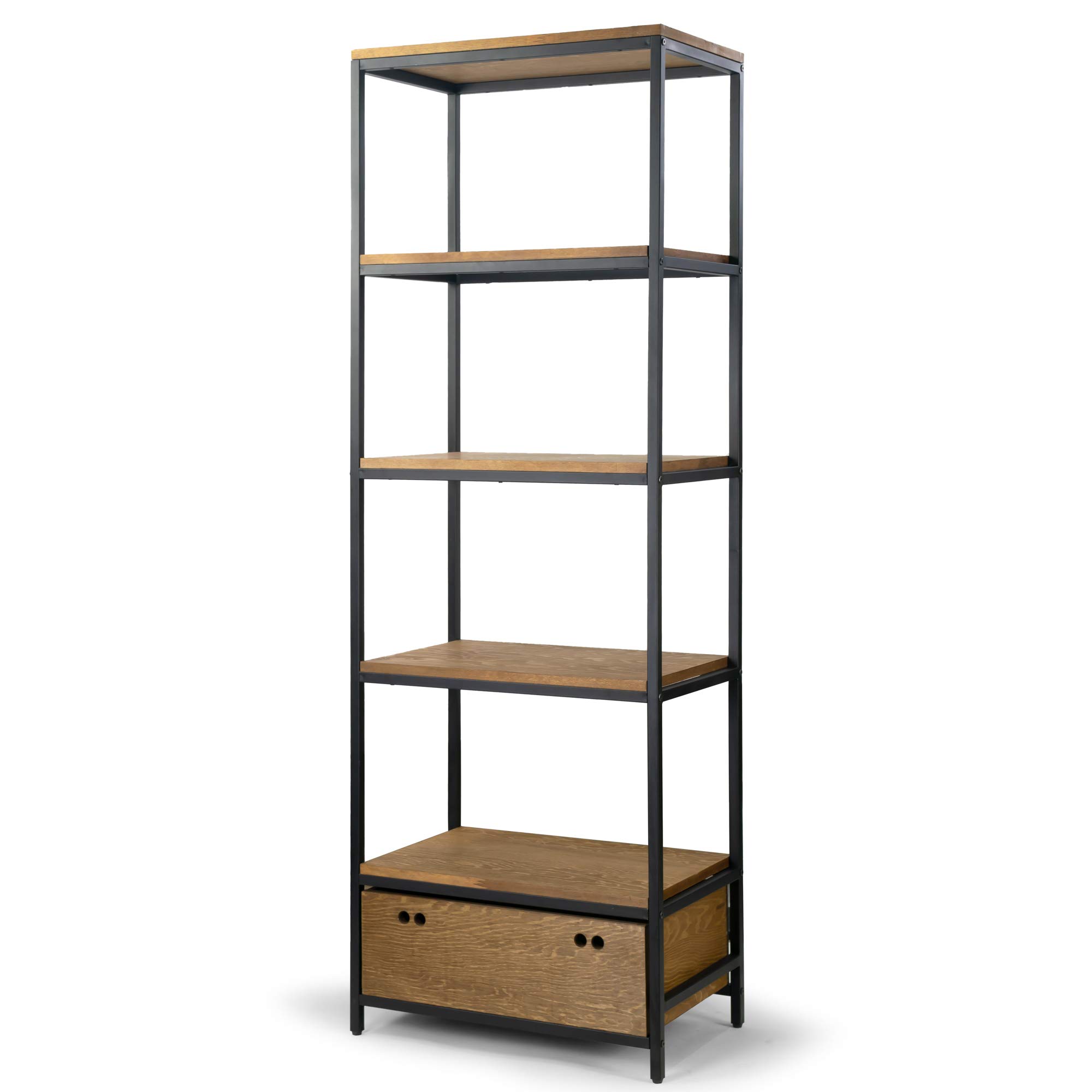 Amy Brown Pine Wood Display Shelf with Metal Frame & Drawer - Stylish Bookcase for Living Room, Bedroom, or Office Storage & Organization