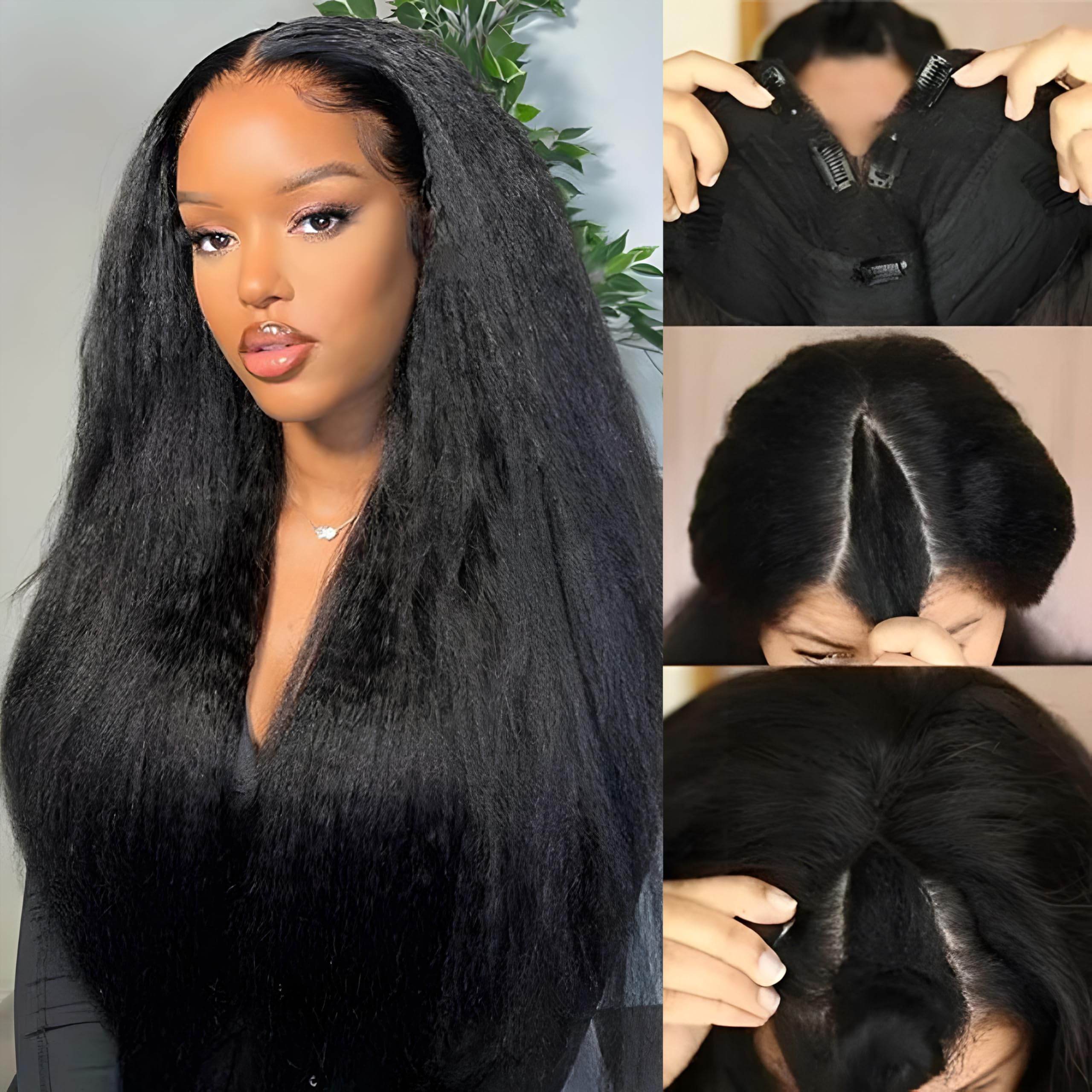 V Part Wig Human Hair - Kinky Straight & Yaki Straight Clip-In Half Wigs for Black Women | Glueless No Leave Out 180% Density | 16 Inch Natural Color | Perfect for Daily Wear, Special Occasions & Protective Styling