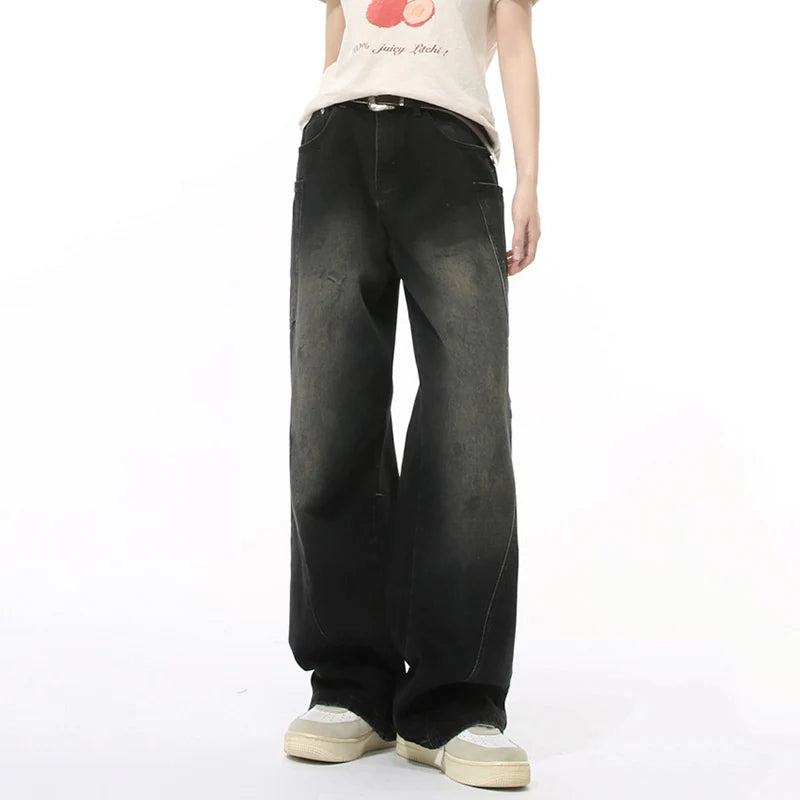 Trendy American Style Men's Denim Jeans - Casual Distressed Straight Wide Leg Loose Fit Pants with Spliced Deconstructed Details | Perfect for Streetwear, Everyday Wear & Fashion Outfits