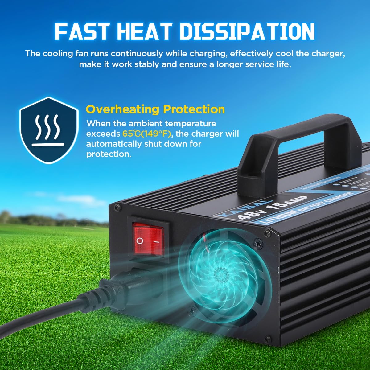 KAISAL 48V/58.4V 15A Lifepo4 Battery Charger - Waterproof IP68 Lithium Golf Cart & Forklift Charger with Removable Plug | Perfect for Golf Carts, Electric Vehicles, and Industrial Equipment