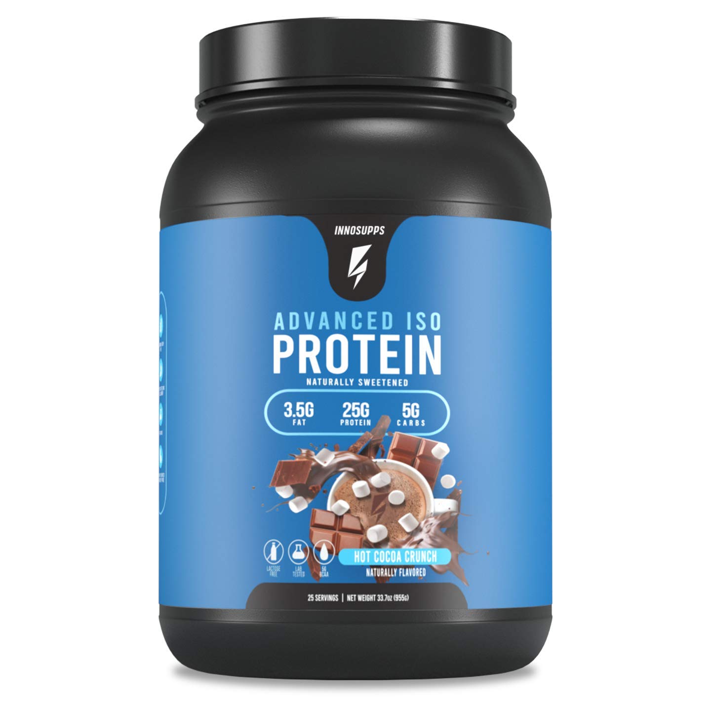 InnoSupps Advanced Iso Protein Powder - 100% Whey Isolate, No Artificial Sweeteners, Low Fat & Carbs, 25g Protein per Serving, Hormone/Gluten/Soy Free, Hot Cocoa Crunch Flavor - Ideal for Post-Workout Recovery & Muscle Building