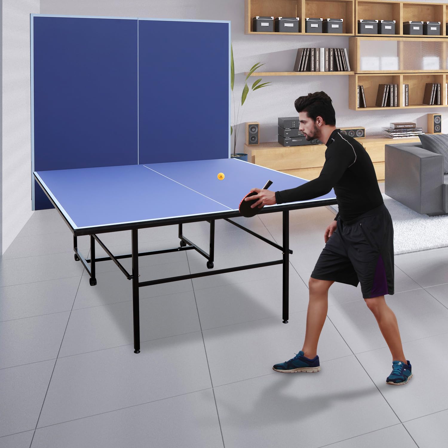Rakon Blue Folding Ping Pong Table with Wheels - Indoor/Outdoor Table Tennis Set Includes 2 Rackets, 3 Balls & Net - Portable Design for Easy Storage & Transport - Perfect for Backyard, Garage, or Recreation Room Games