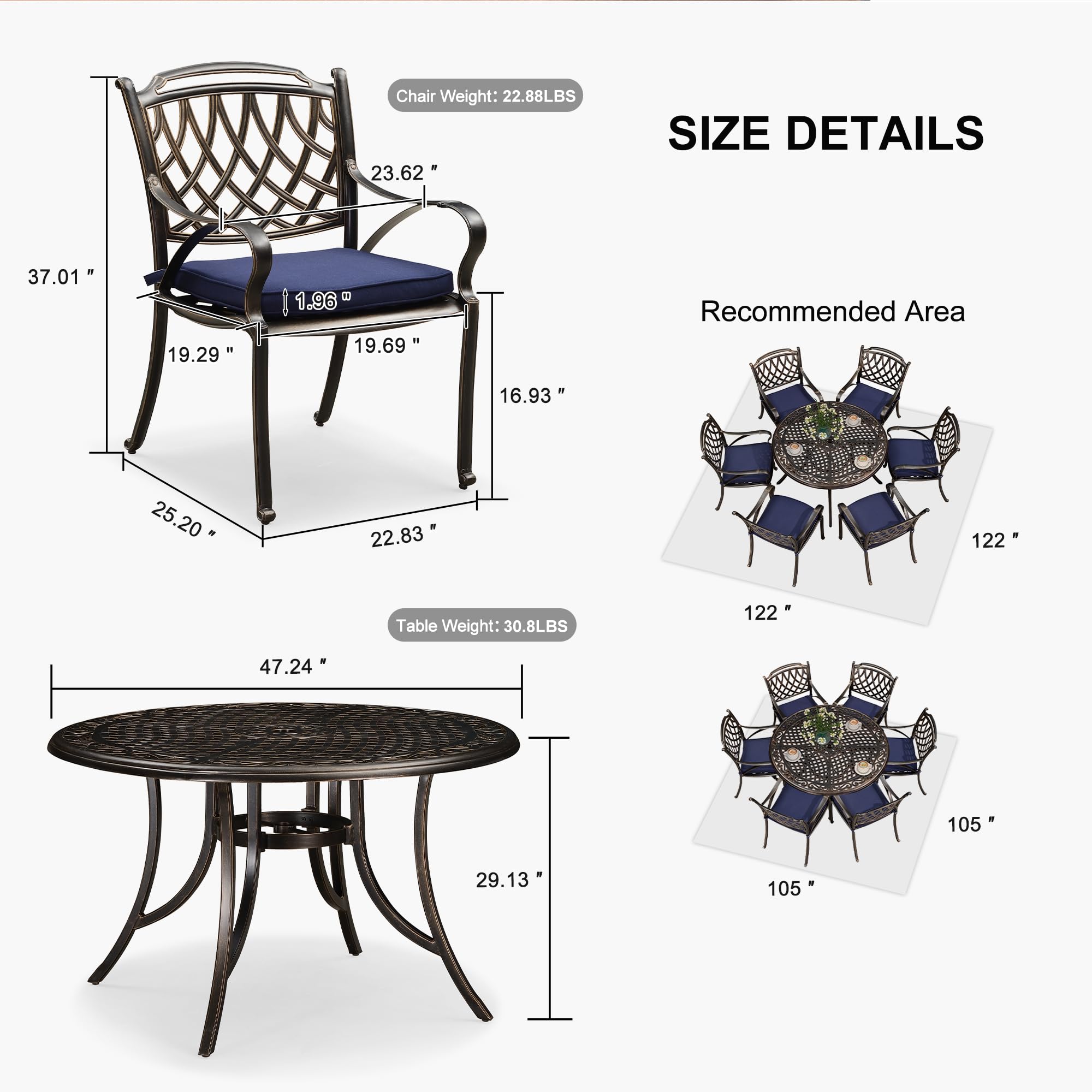 PURPLE LEAF 7-Piece Outdoor Dining Set - Cast Aluminum Patio Furniture with 6 Armchairs & 47