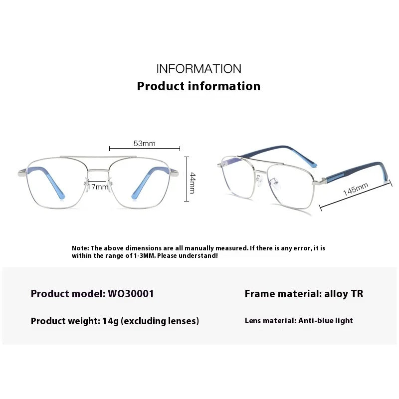 Aror Unisex Full Rim Square Double Bridge Alloy TR90 Eyeglasses 39491 - Lightweight & Durable Frames for Men & Women - Perfect for Reading, Work, and Everyday Use