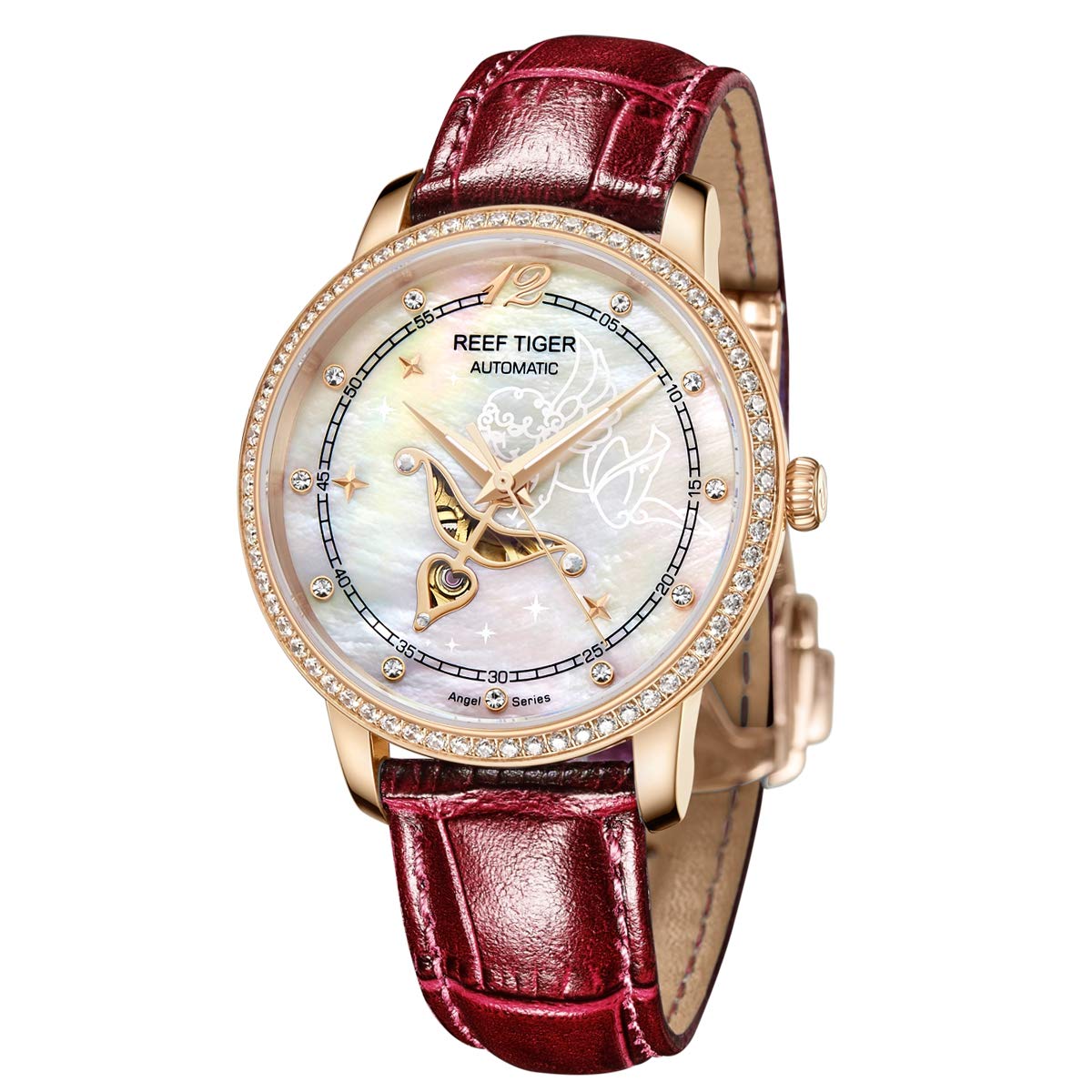 REEF TIGER Luxury Rose Gold Automatic Watch for Women - Genuine Leather Strap, Water Resistant, Elegant Dress Watch (Model RGA1550) | Perfect for Business, Party & Everyday Wear