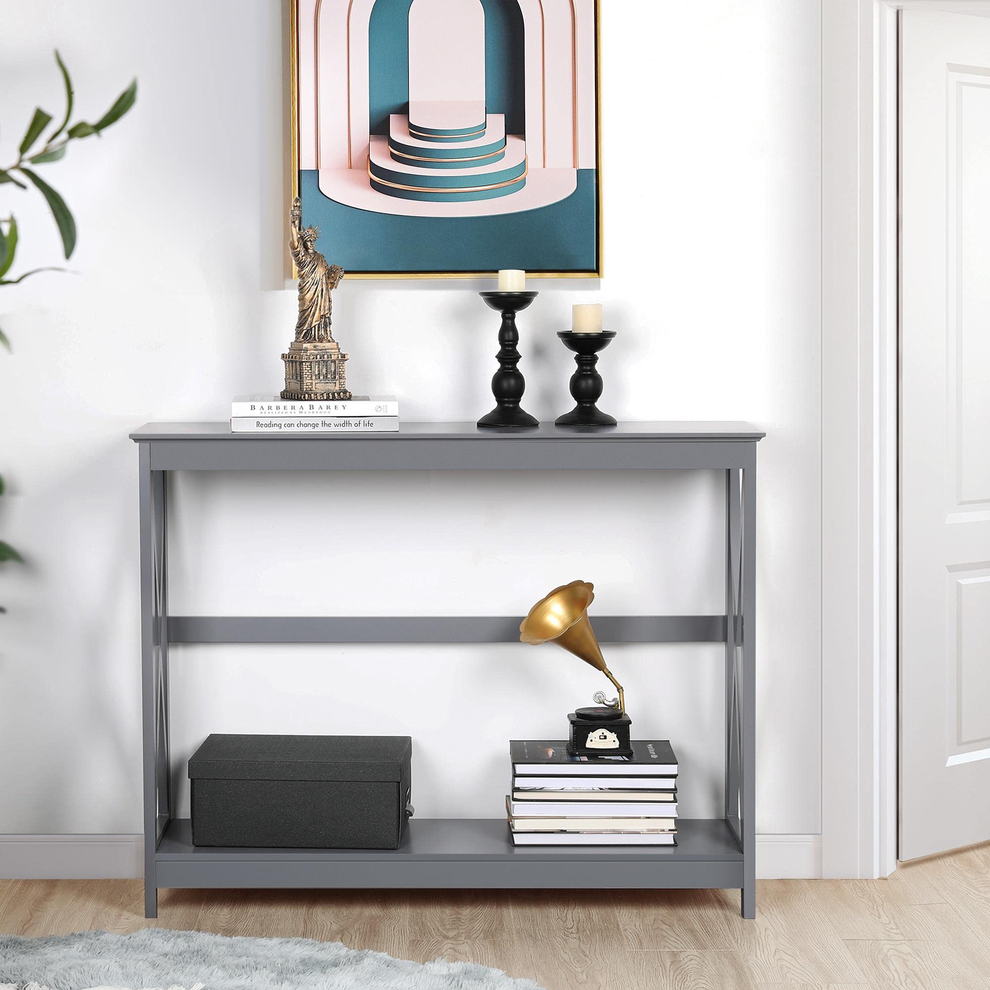 Topeakmart 2-Tier X-Design Console Table with Large Storage Shelf - Modern Accent Sofa Side Table for Living Room, Entryway & Hallway - Space-Saving Gray End Table for Small Apartments & Home Decor