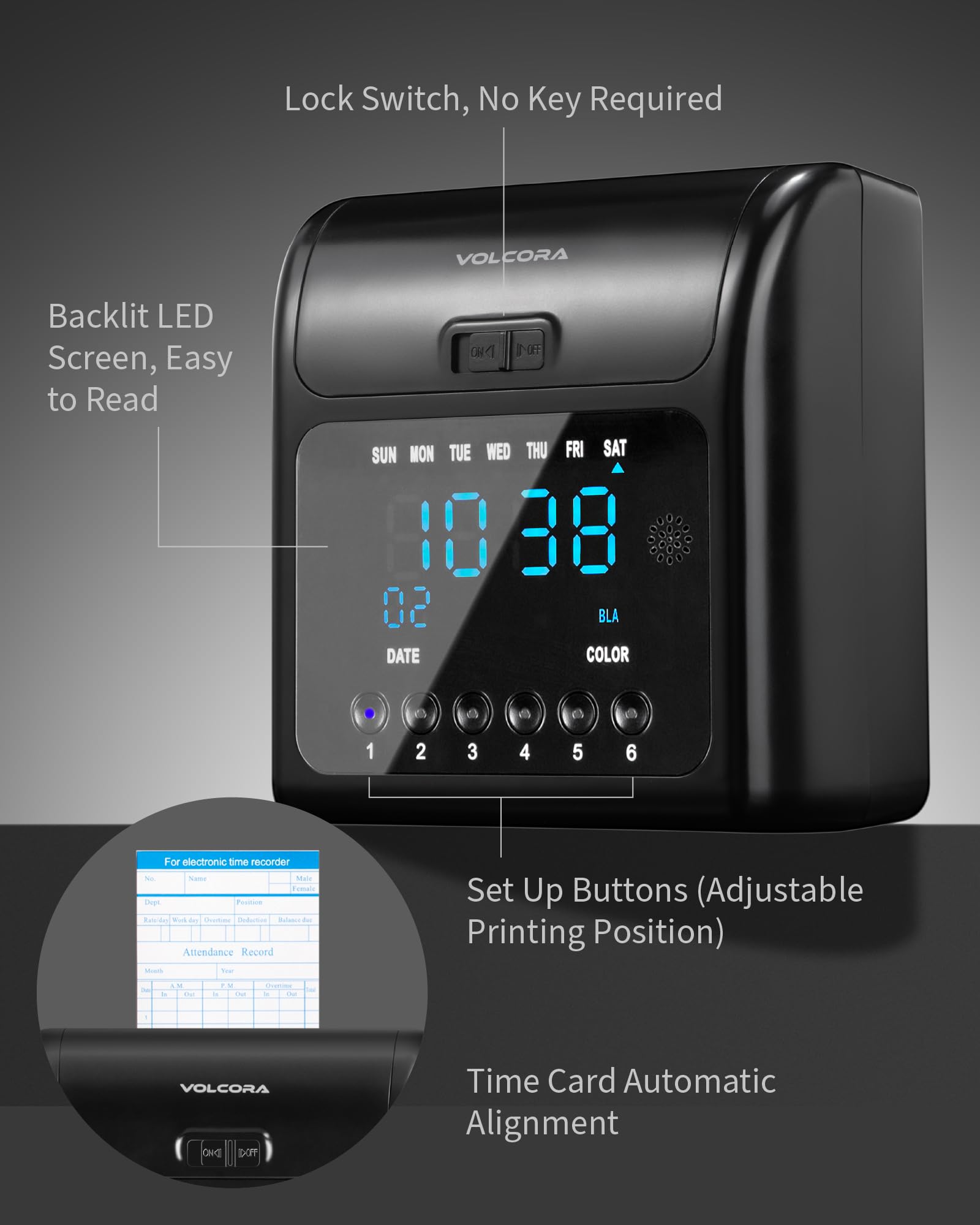 Volcora Employee Time Clock Machine - 50 Time Cards & Ink Ribbon Included - Punch Clock System for Small Business with Battery Backup - Keyless & Offline Operation - Ideal for Office, Retail Stores & Warehouse Time Tracking